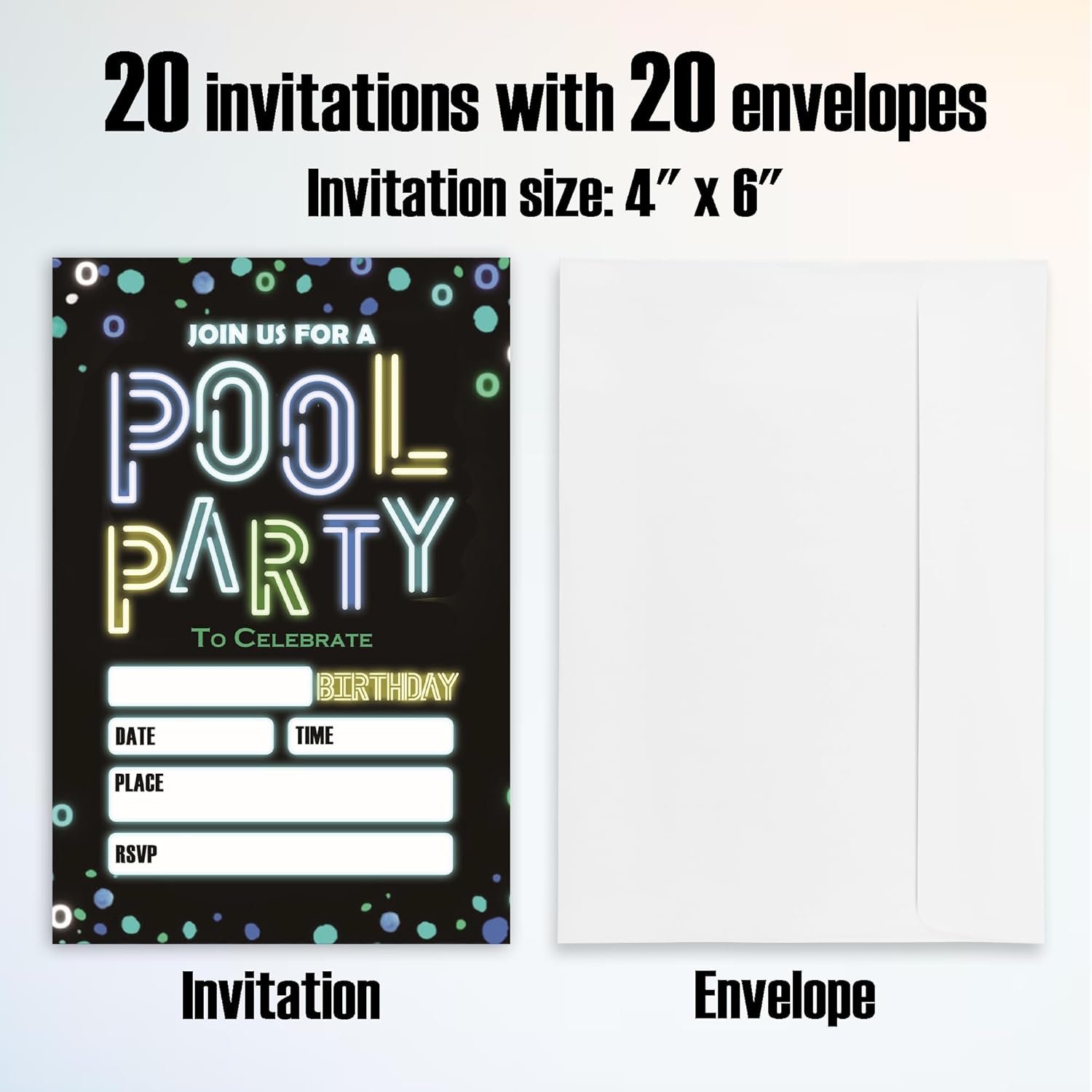 Neon Birthday Invitations 20 Pieces with Envelopes