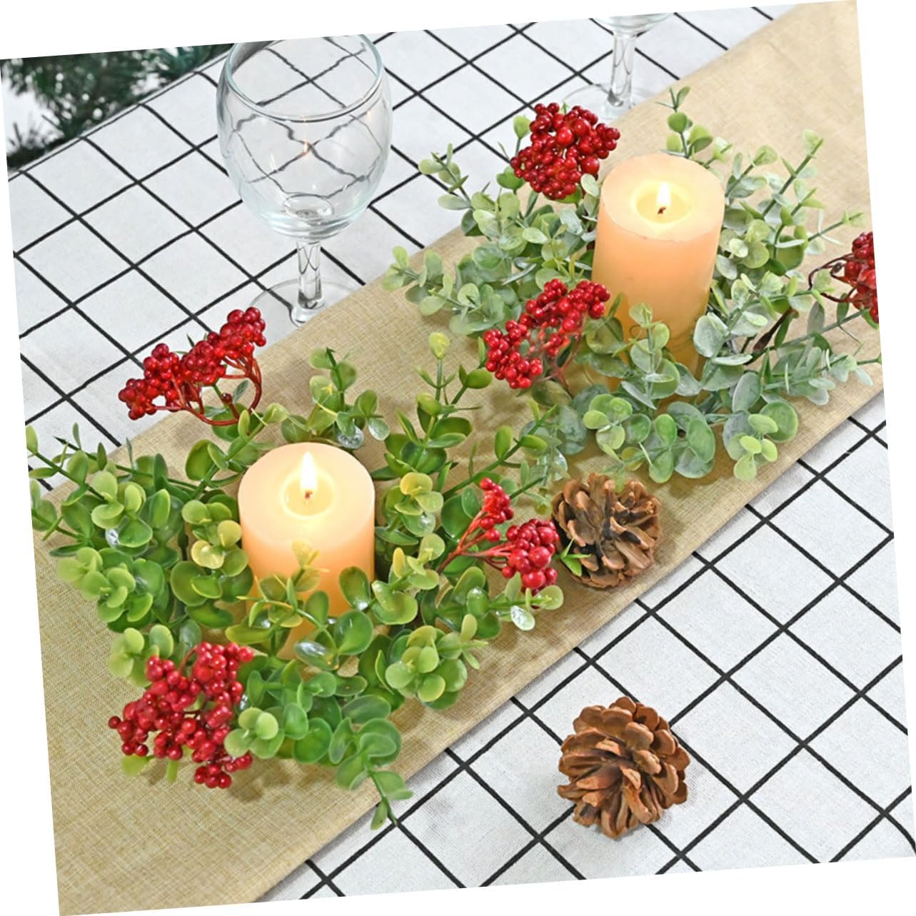 2pcs Eucalyptus Red Berry Candle Christmas Wreaths for Party