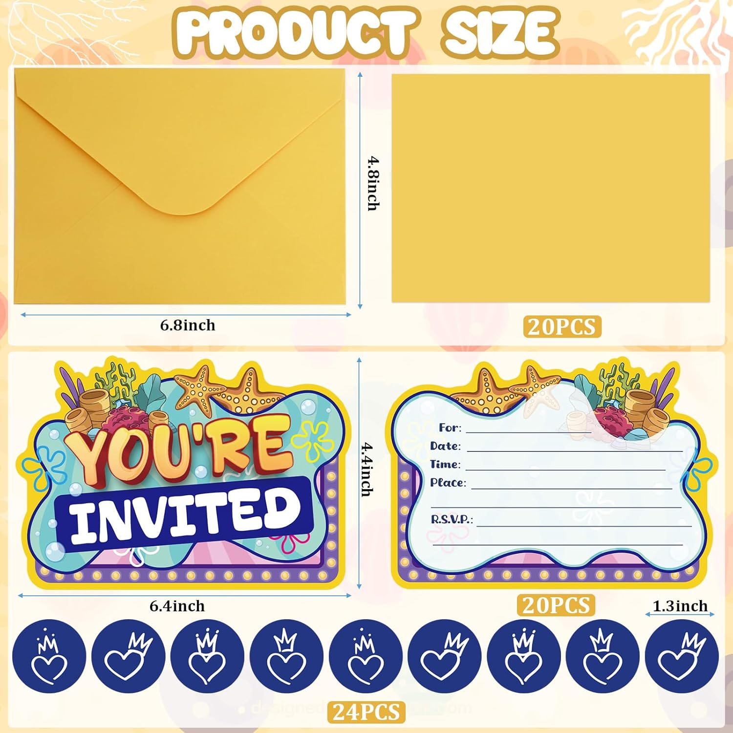 Yellow Birthday Invitations with Sticker Labels 20Pcs Set