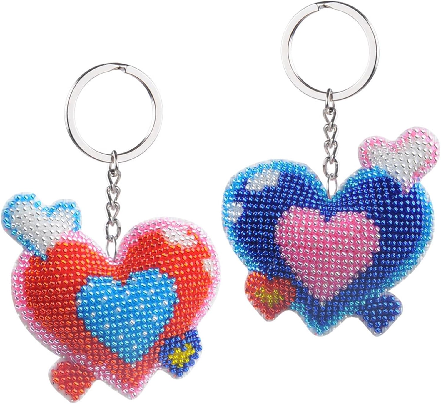 Beaded Heart Keychain for Couples - Red Blue Cross Stitch Charm