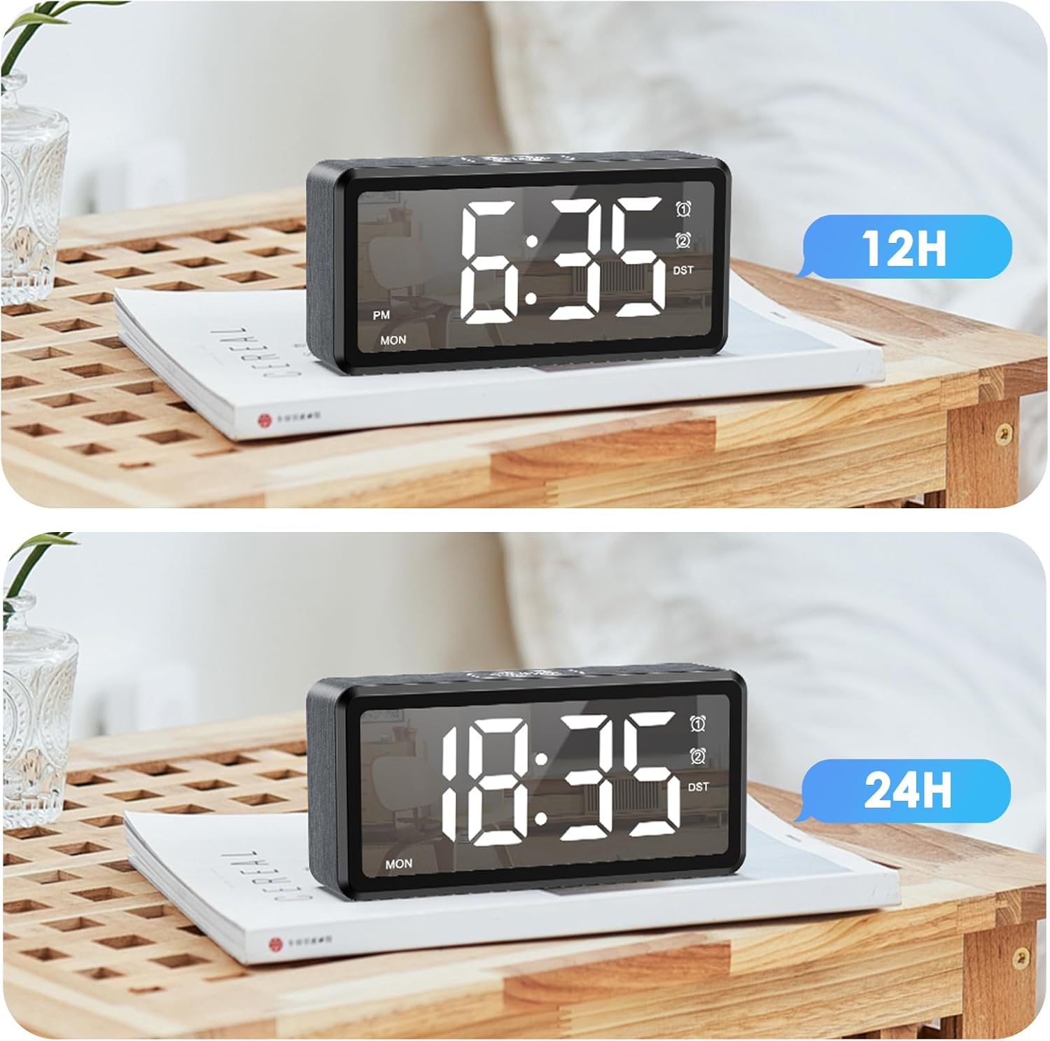 AMIR Wooden Alarm Clock with 2 Alarms and USB Charging