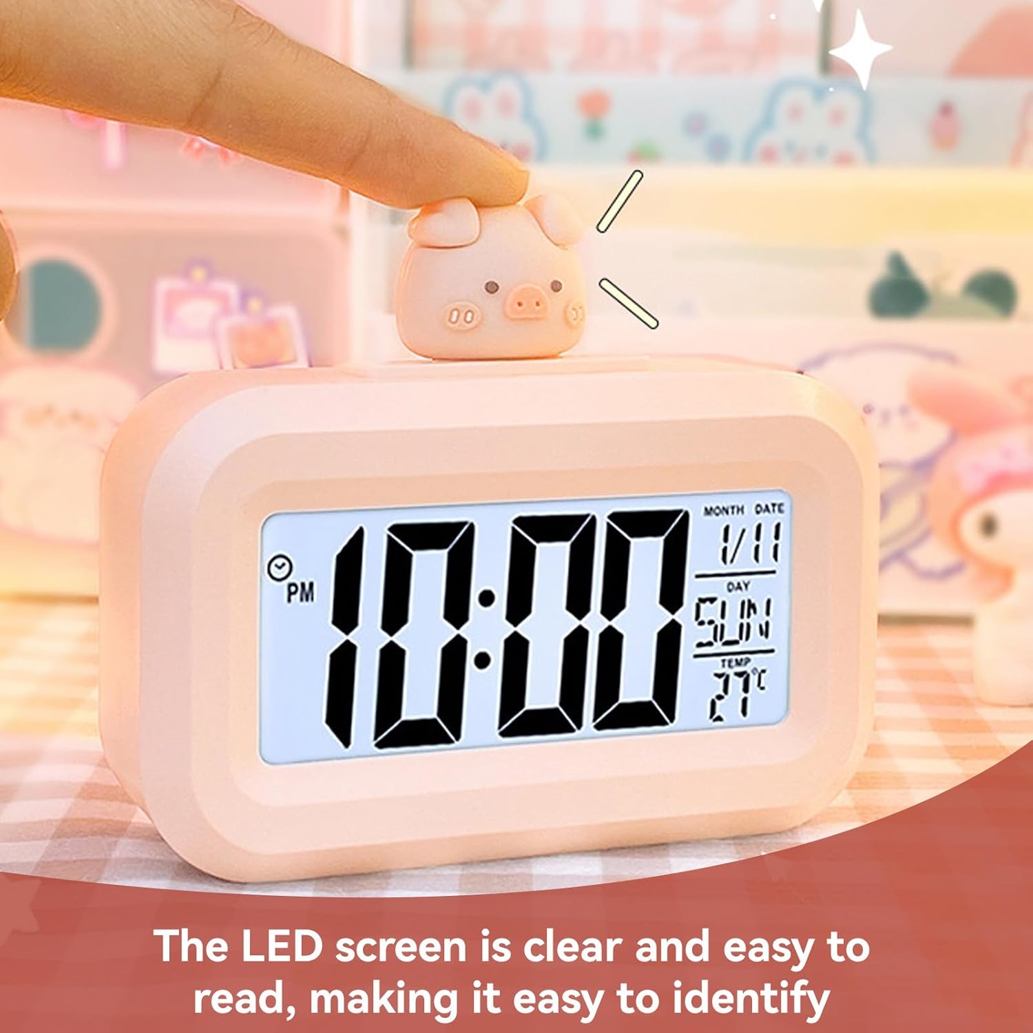 Cyrank Kawaii Alarm Clock for Kids Bedroom Digital Clock with Large Numbers Pink