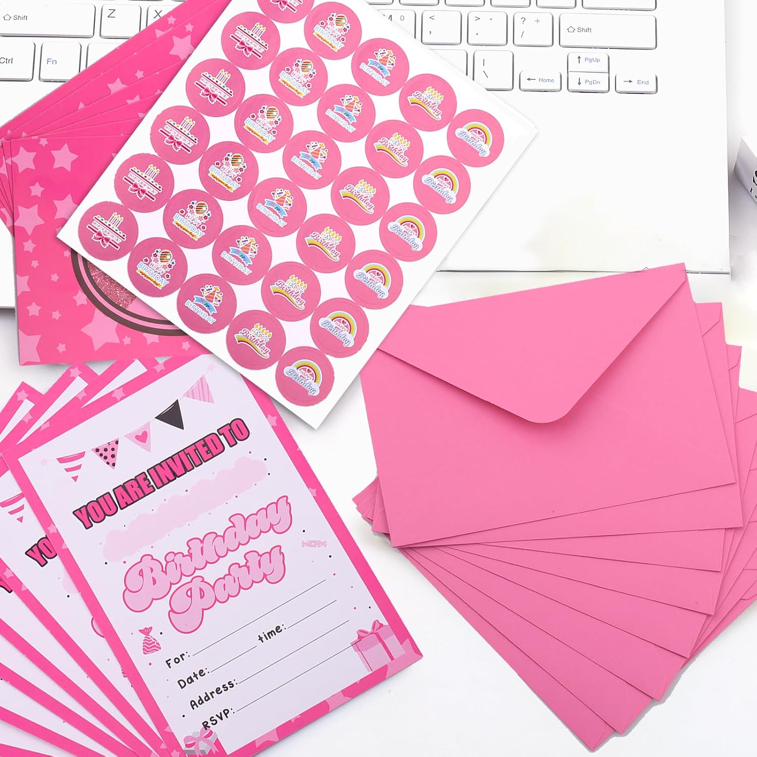 30 Pack Pink Birthday Invites for Girls with Envelopes and Stickers