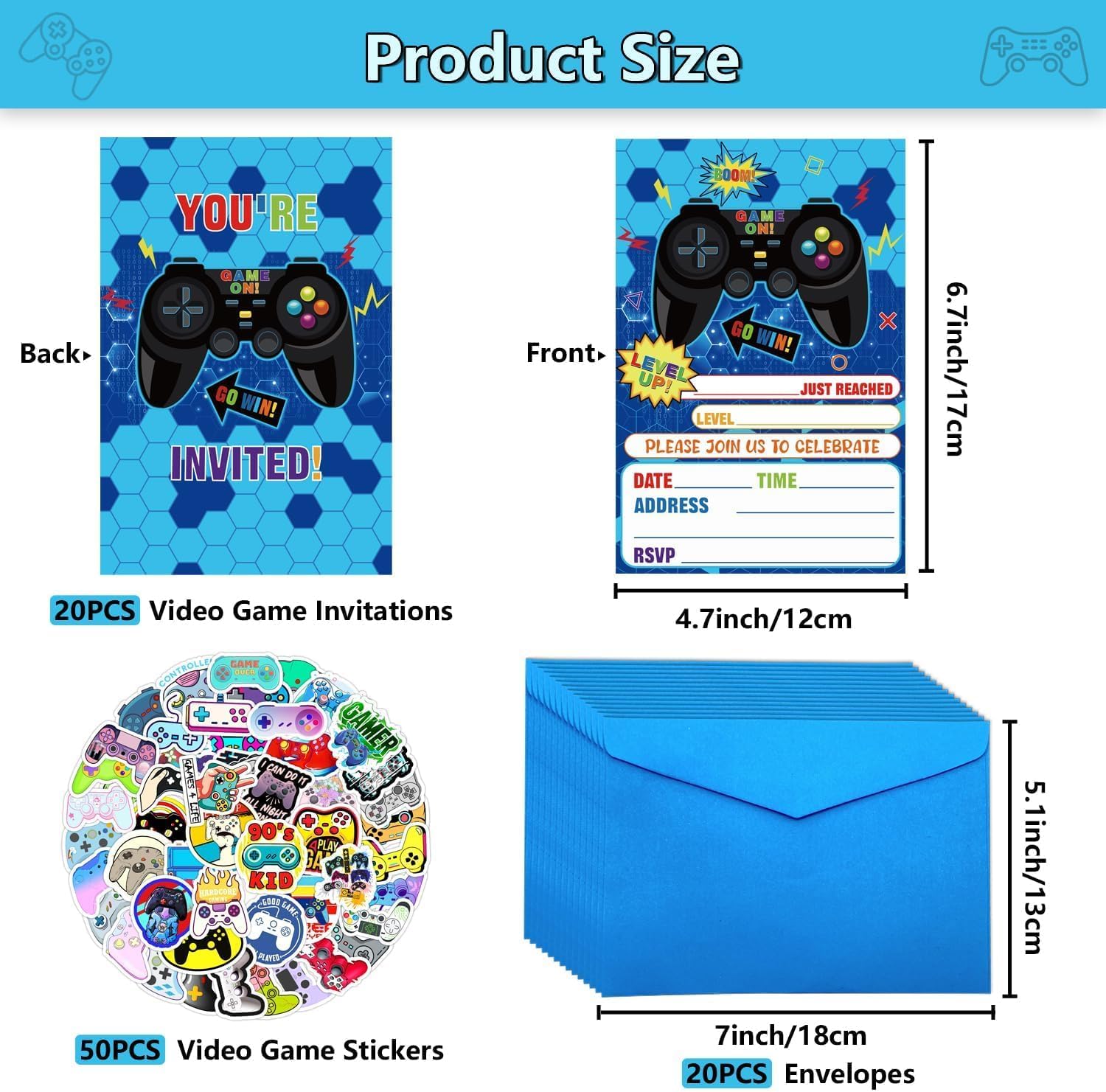 20Pcs Game Party Invitations with Envelopes and Stickers