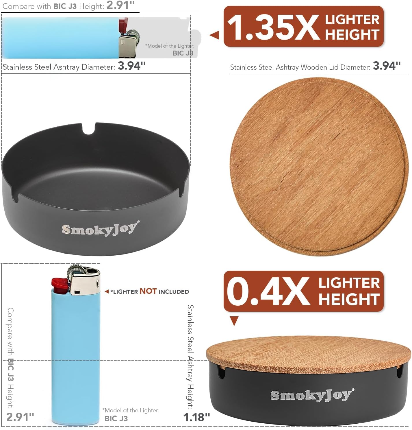 SmokyJoy Windproof Ashtray 2 Pack Black Stainless Steel