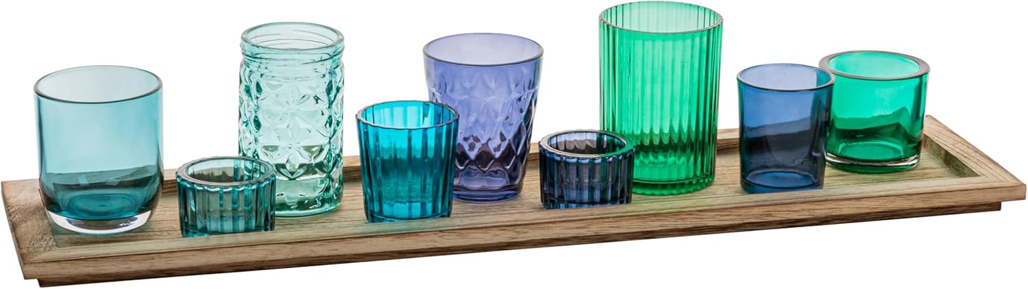 Creative Co Op Wood Tray with 9 Blue and Green Glass Votive Holders