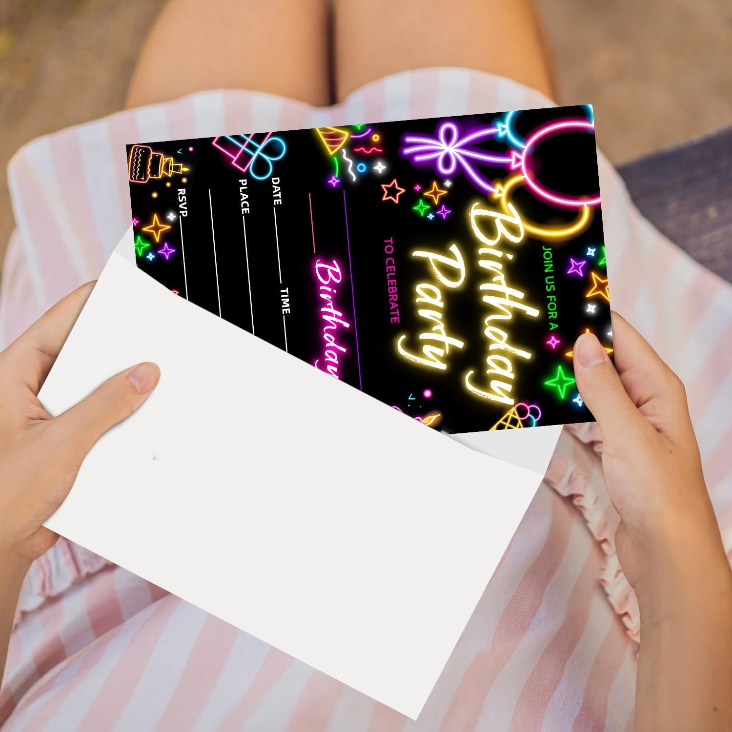 Zodvery Neon Birthday Party Invitations Cards 20pcs Set