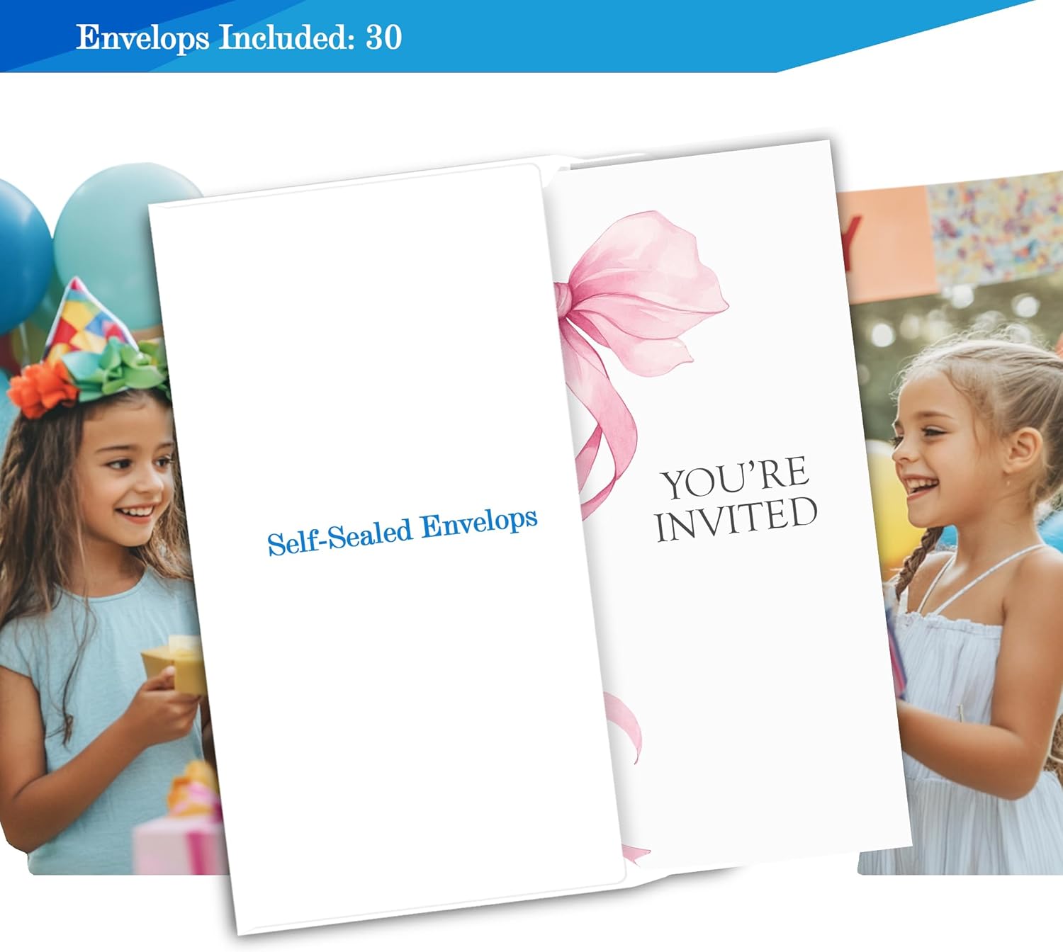 Pink Bow Birthday Invitations for Girls 4x6 30 Sets with Envelopes