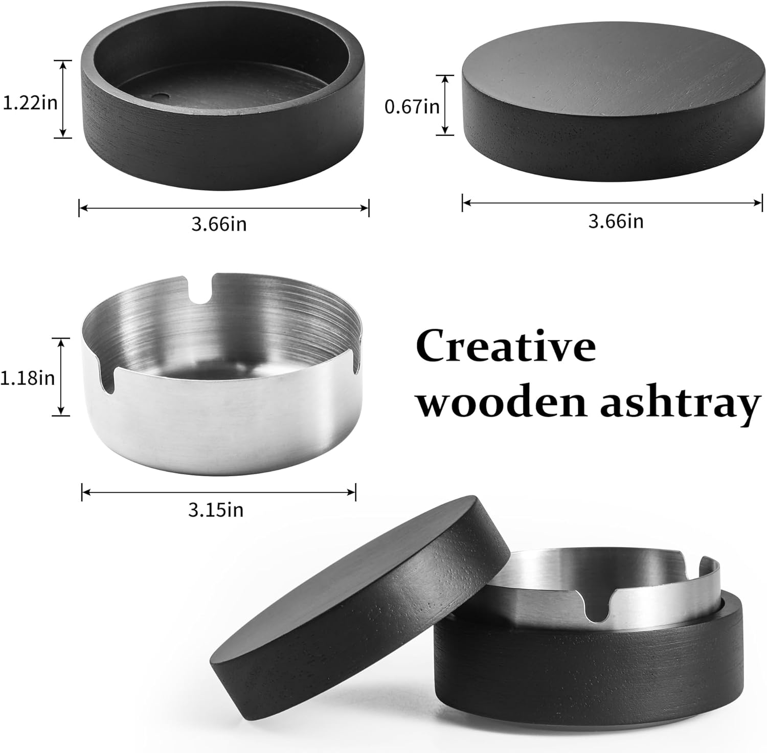 Wooden Ashtray with Lid for Outdoor Indoor Use Black
