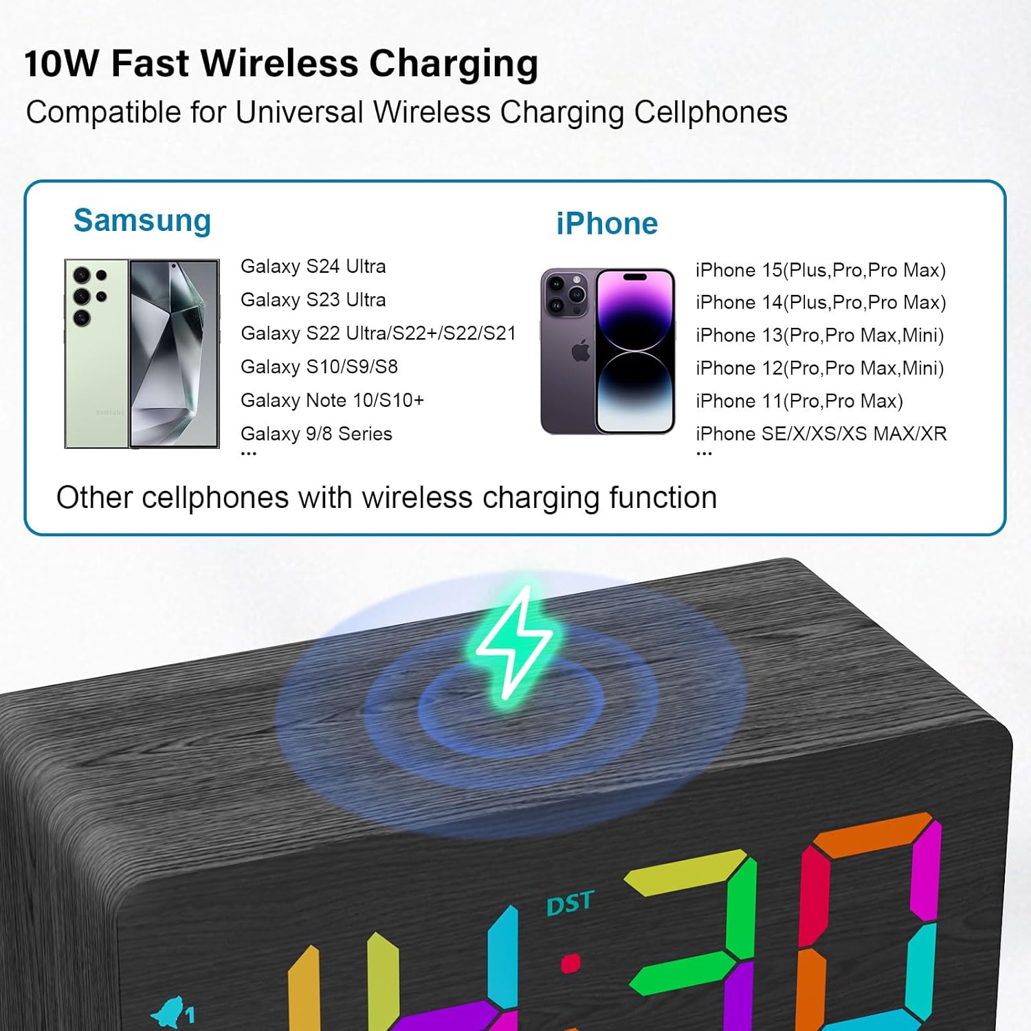 Wooden Digital Alarm Clock with RGB Display and Dual USB Charging Ports