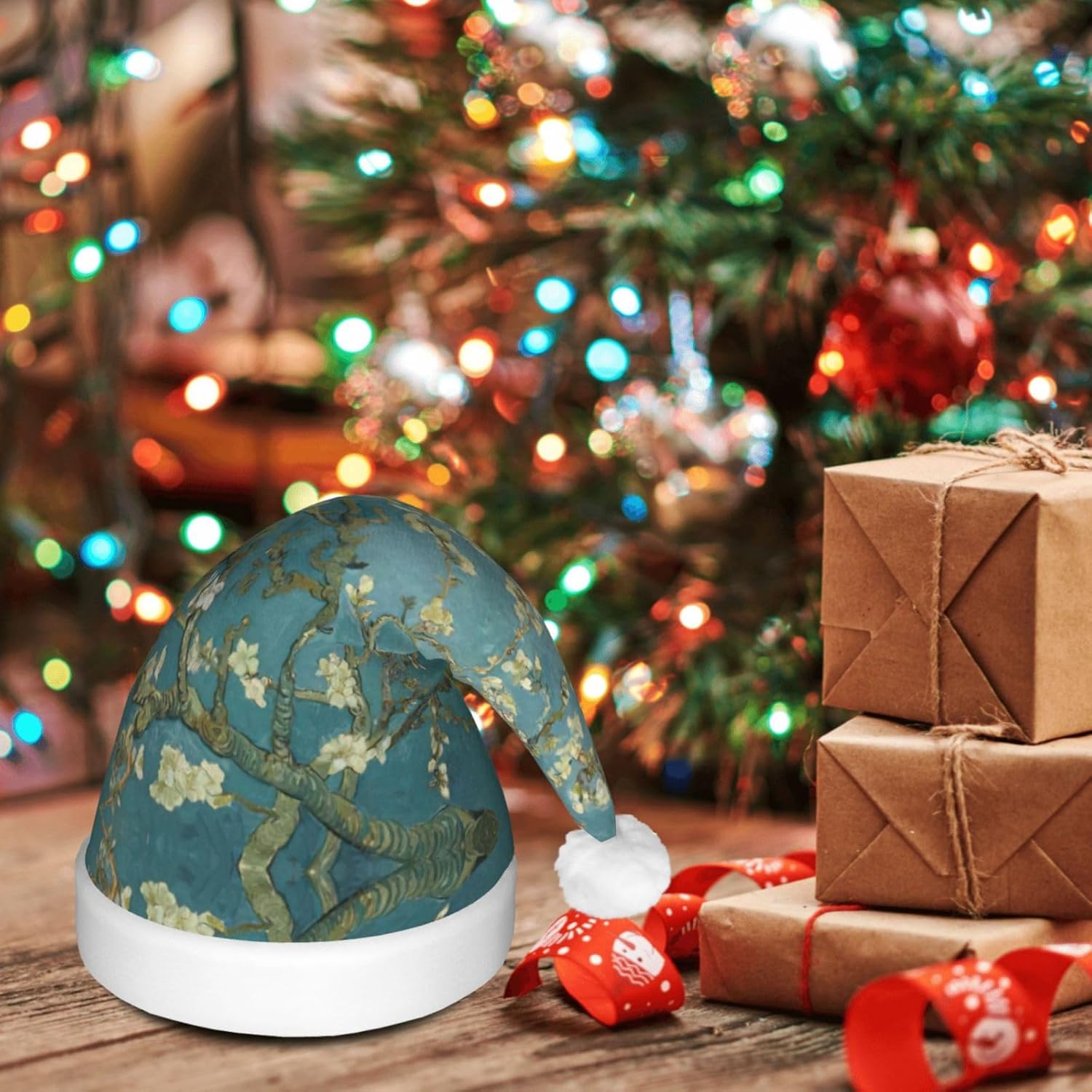 Almond Blossom Print Christmas Hat with LED Lights