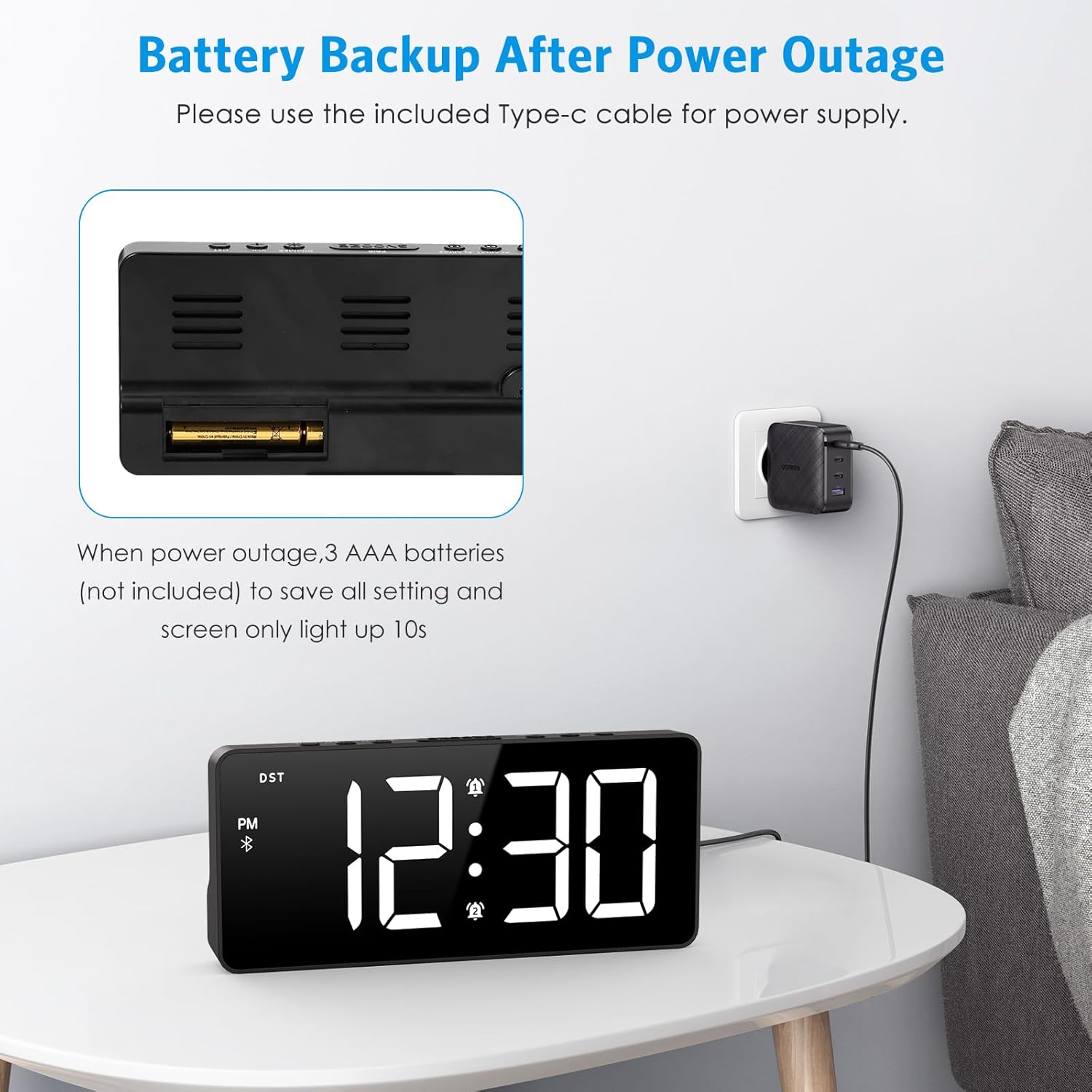 AMIR Alarm Clock for Bedroom with Bluetooth Sync and USB Charging