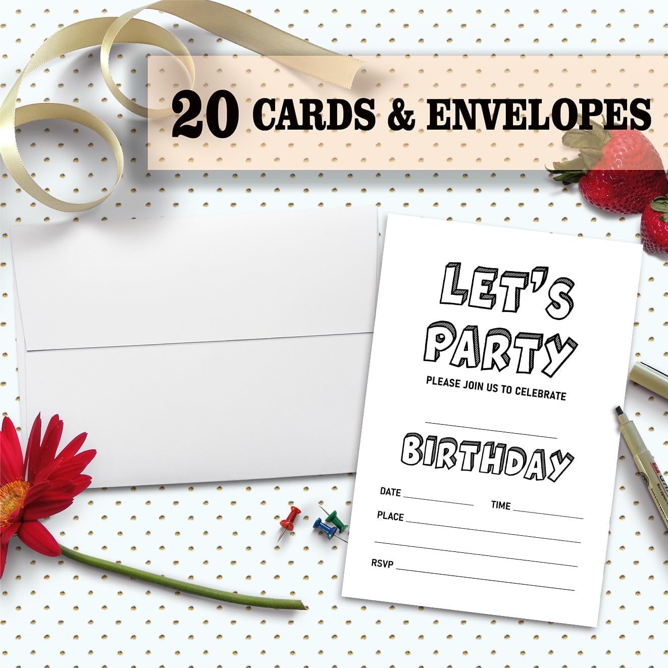 Nopoben Lets Party Invitation Cards for Kids 20pc Black and White