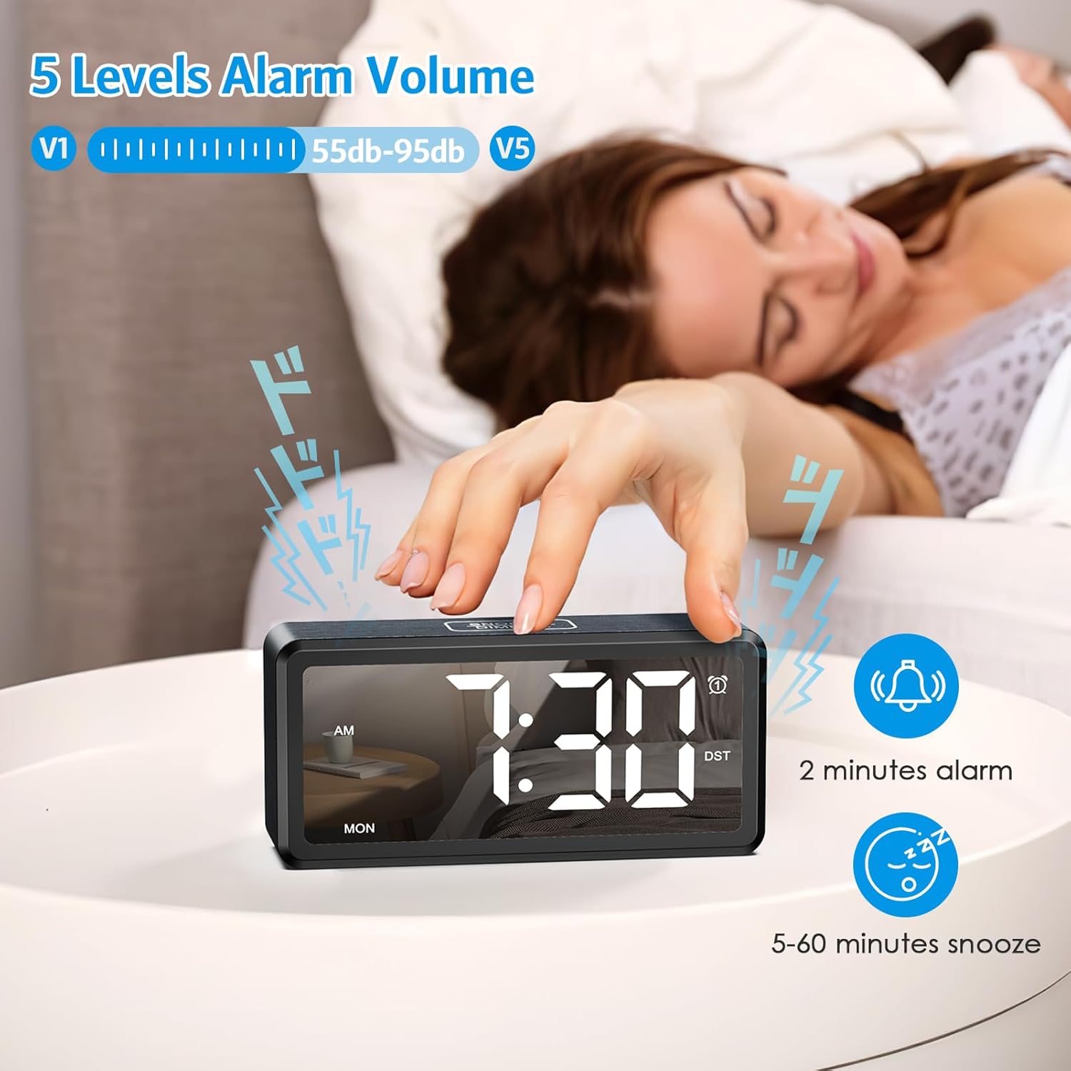 AMIR Wooden Alarm Clock with 2 Alarms and USB Charging