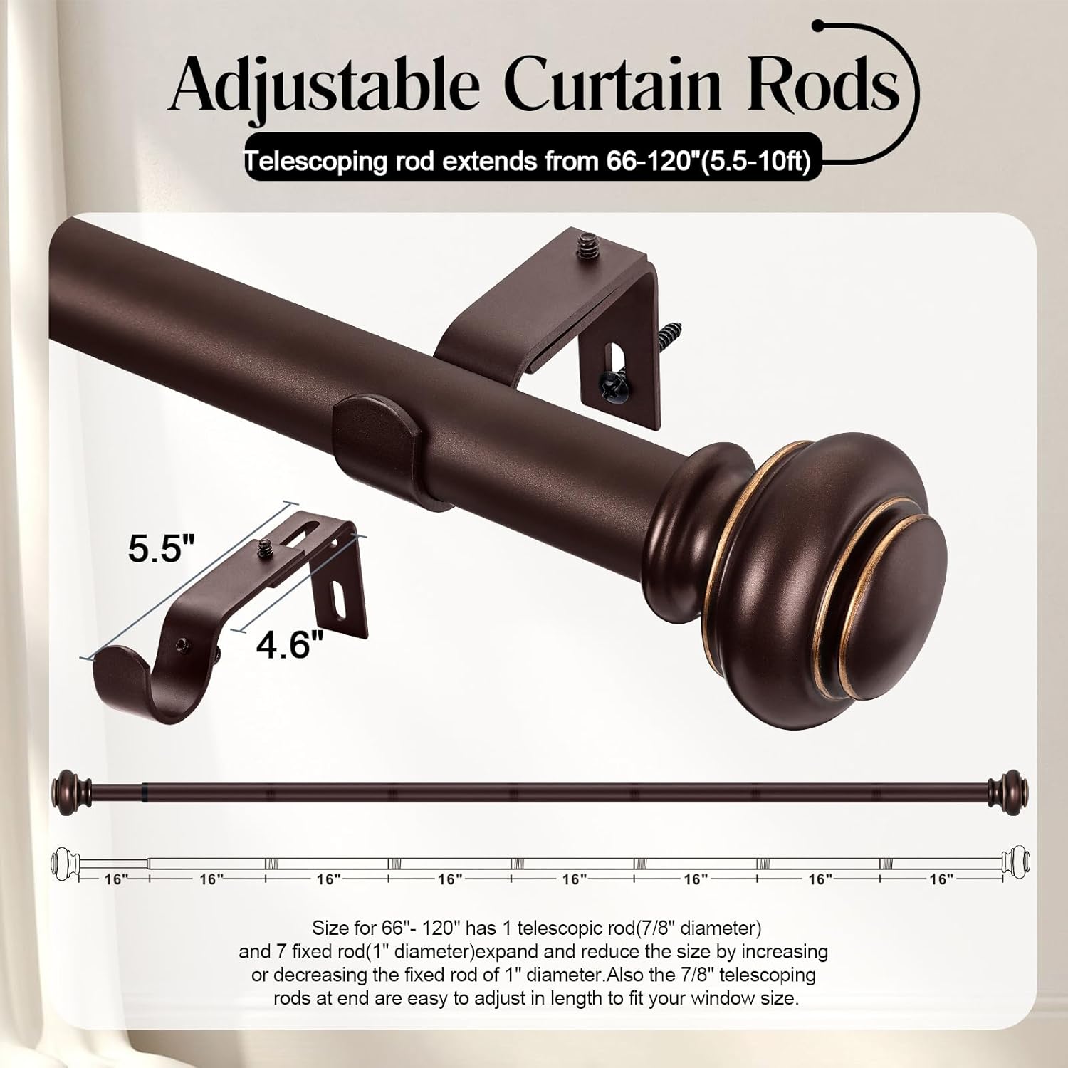 Heavy Duty Bronze Curtain Rods 28 to 120 Inches with Adjustable Finials