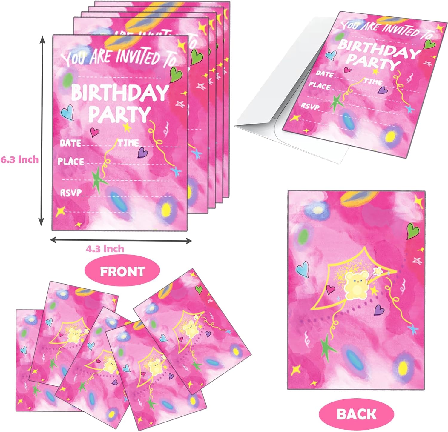 Raykeeplus Birthday Invitations for Girls 20 Cards with Envelopes - Pink