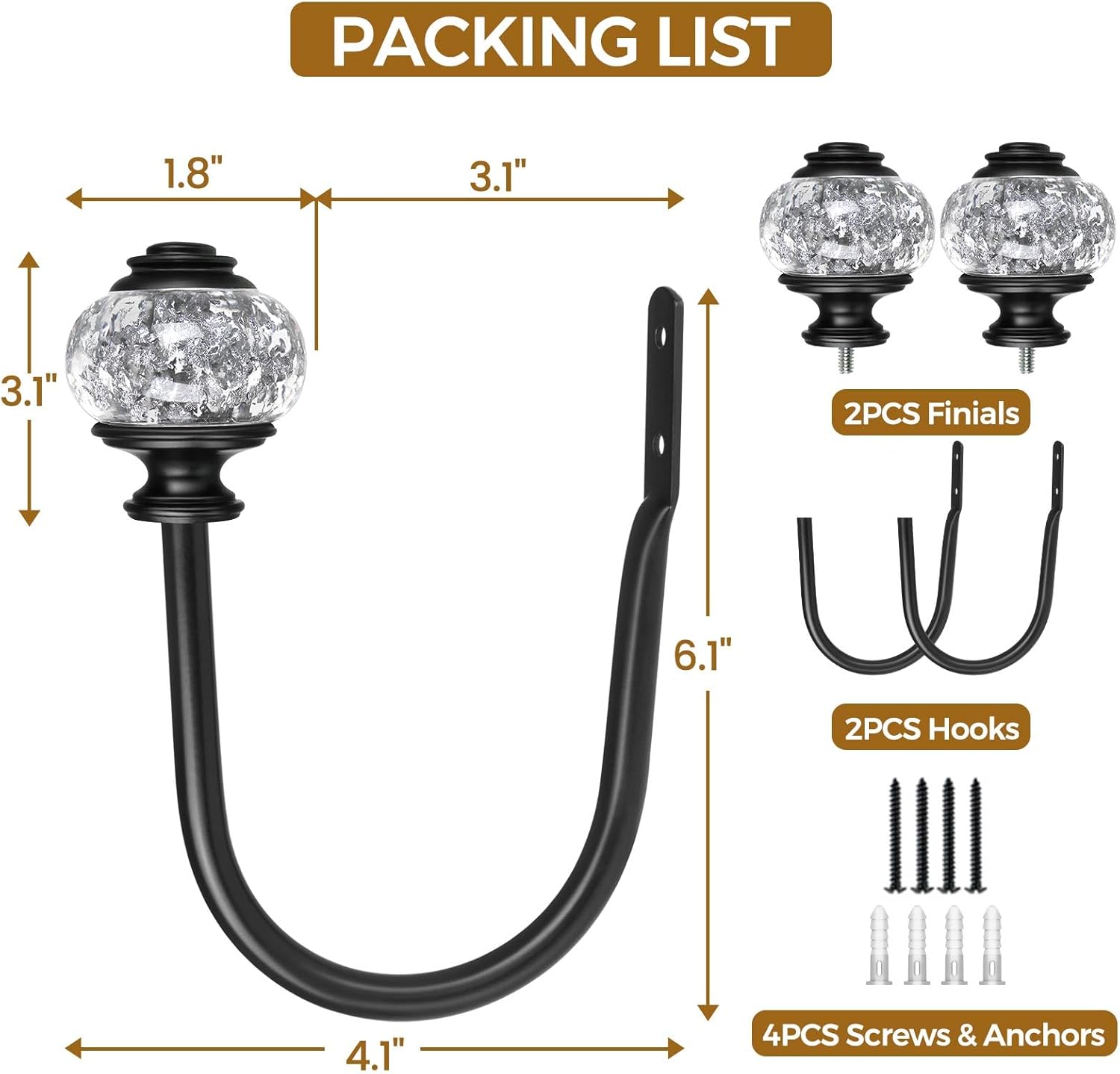 2 Pack Black Curtain Holdbacks with Crystal Finials