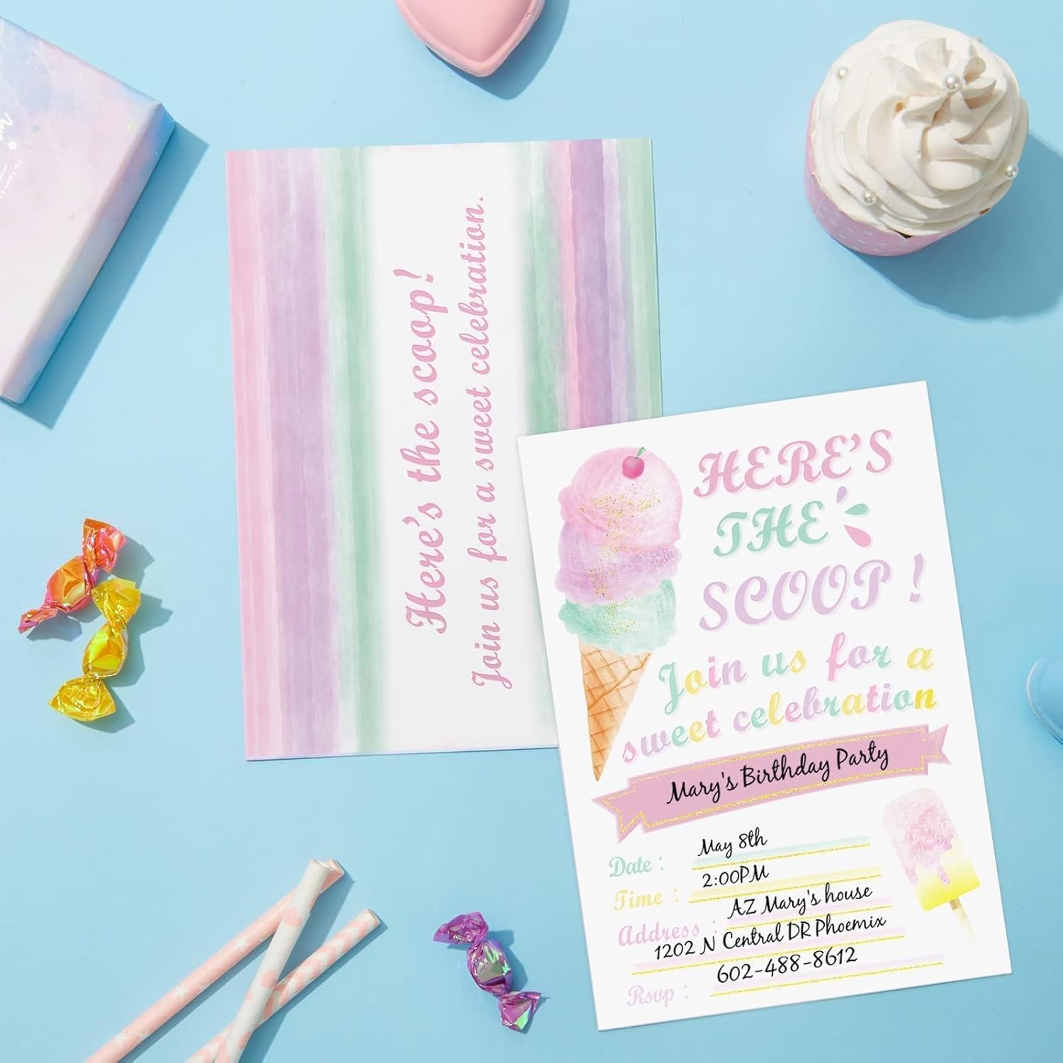 WERNNSAI Ice Cream Party Invitations with Envelopes - 20 Sets