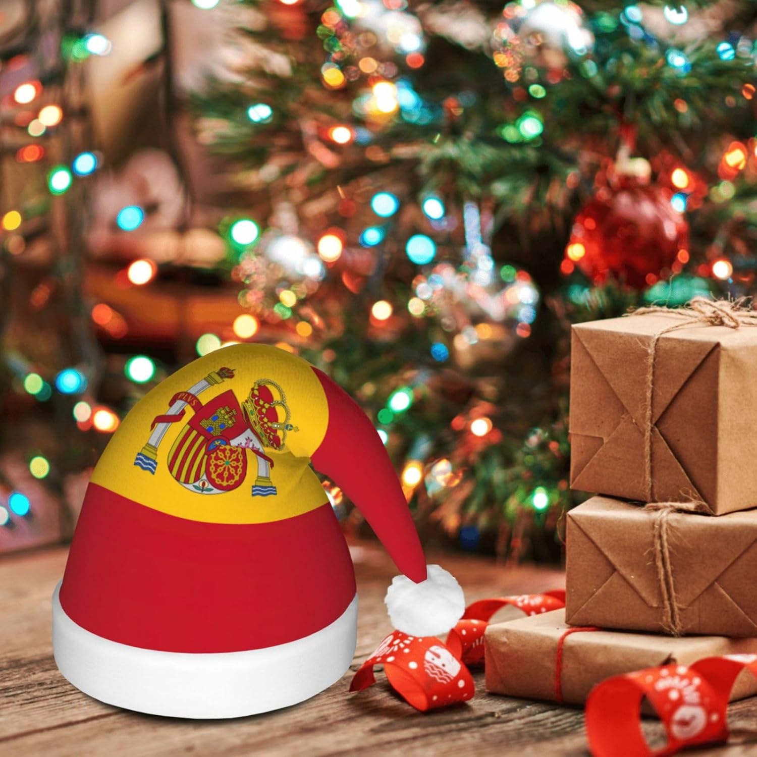 Spanish Flag Print Christmas Hat with LED Lights