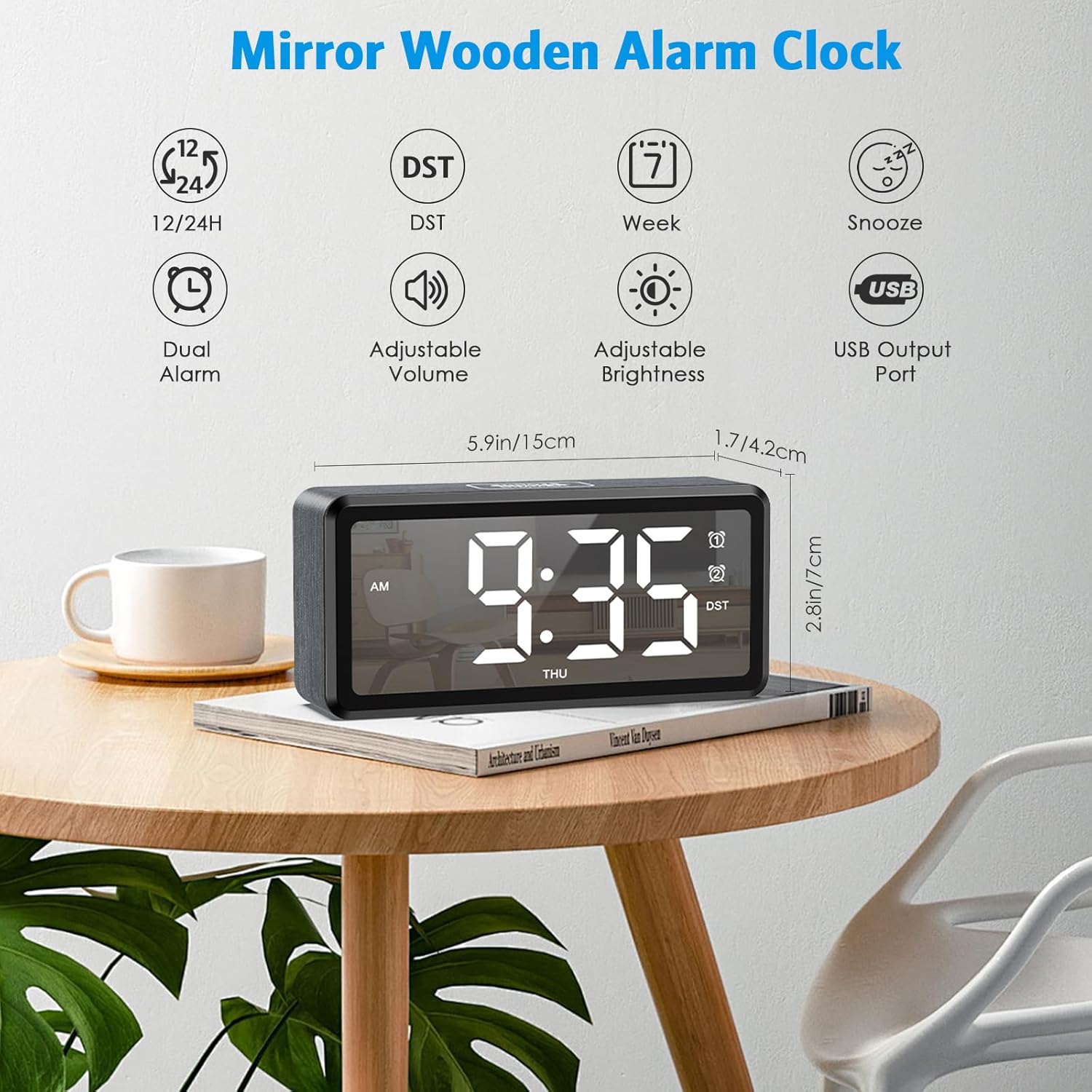 AMIR Wooden Alarm Clock with 2 Alarms and USB Charging