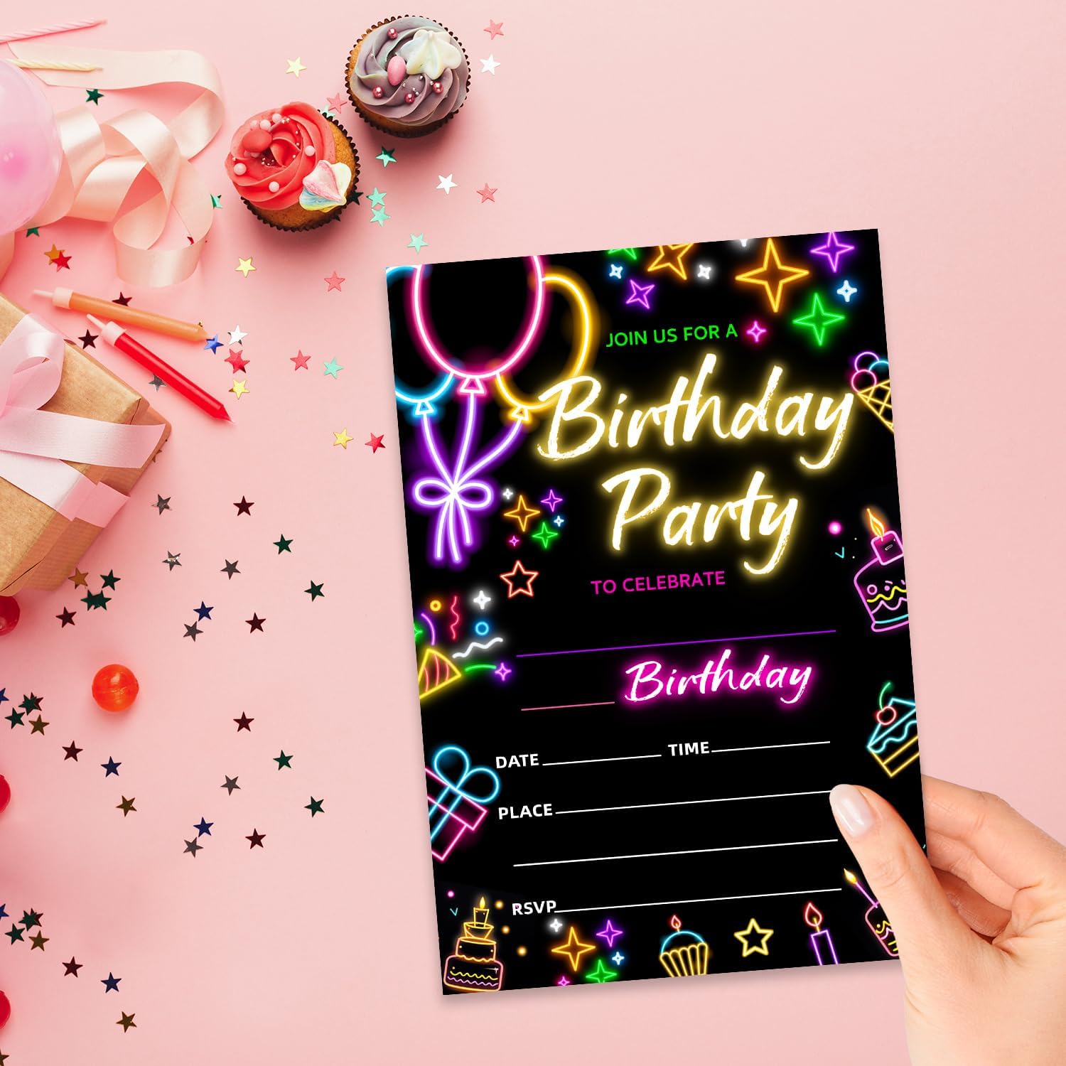 Zodvery Neon Birthday Party Invitations Cards 20pcs Set