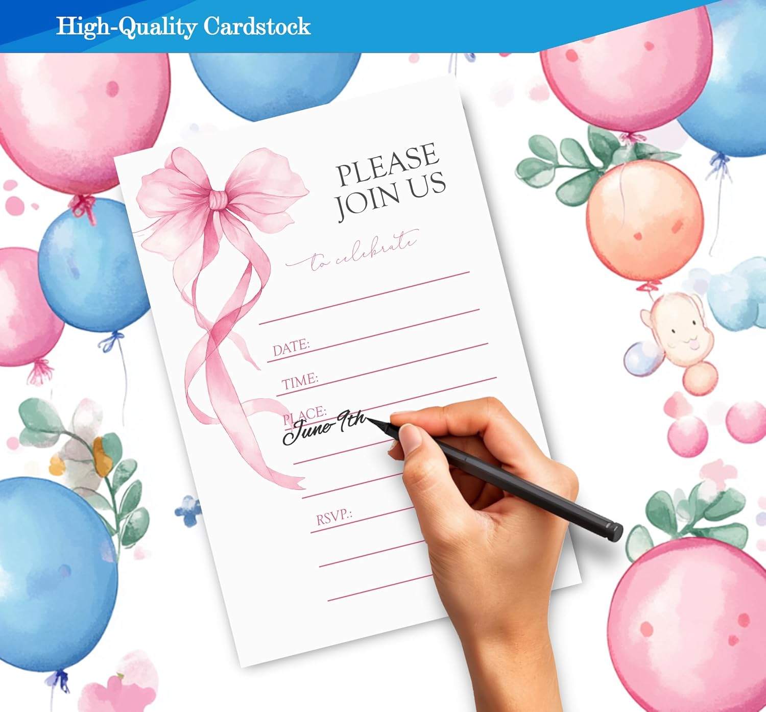Pink Bow Birthday Invitations for Girls 4x6 30 Sets with Envelopes