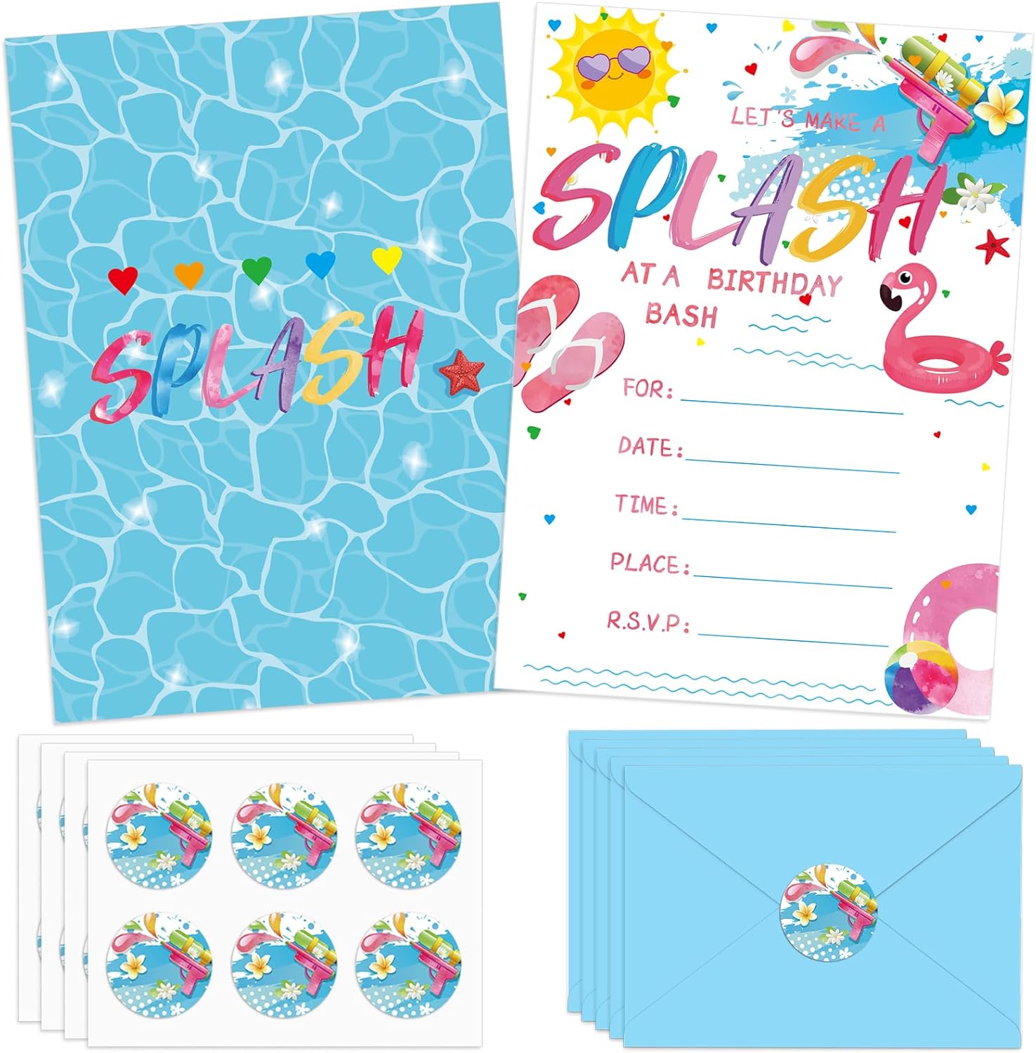 36PCS Pool Birthday Invitations with Stickers and Envelopes