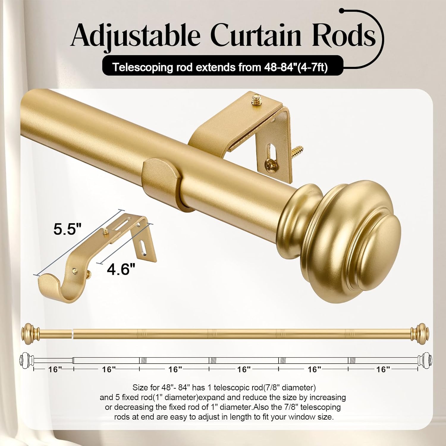 Heavy Duty Curtain Rods 28-88 Inches Gold Finishing Single Rod