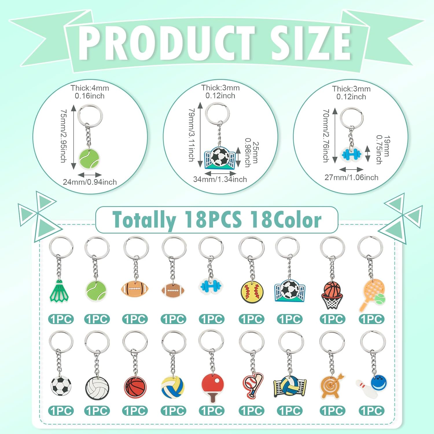 18PCS Sports Ball Keychains Bulk Assorted PVC Keychain Set