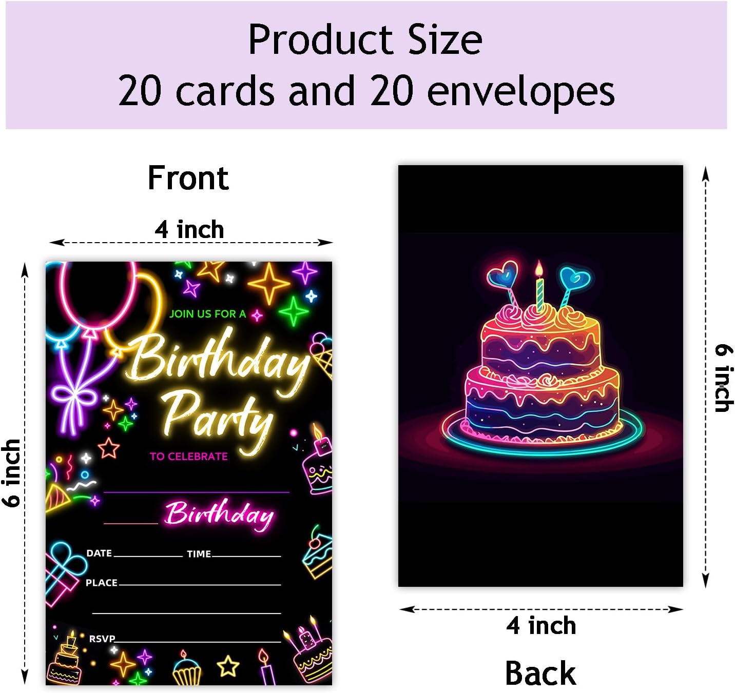 Zodvery Neon Birthday Party Invitations Cards 20pcs Set
