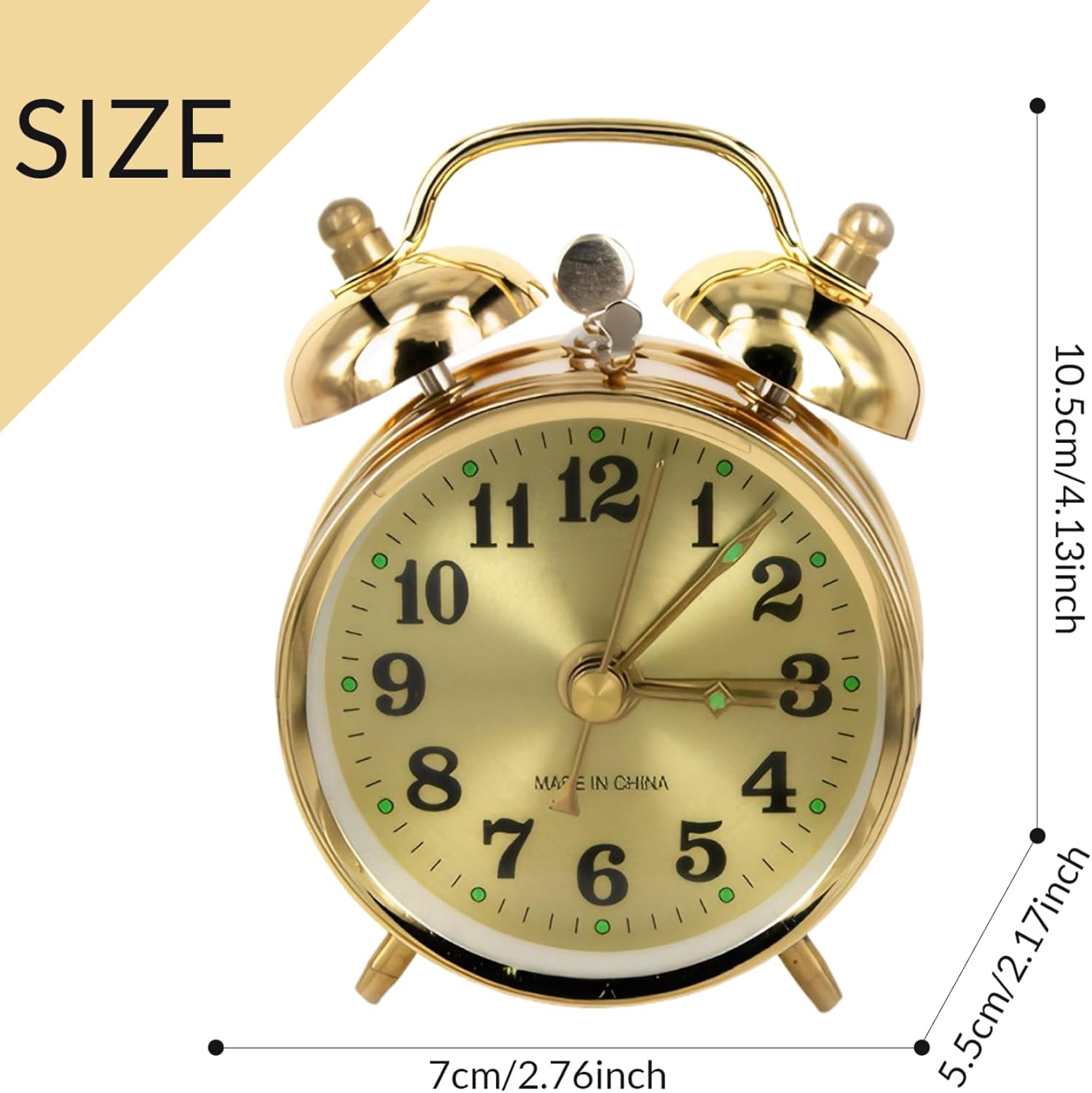 Wind Up Alarm Clock Gold Metal Twin Bell Design