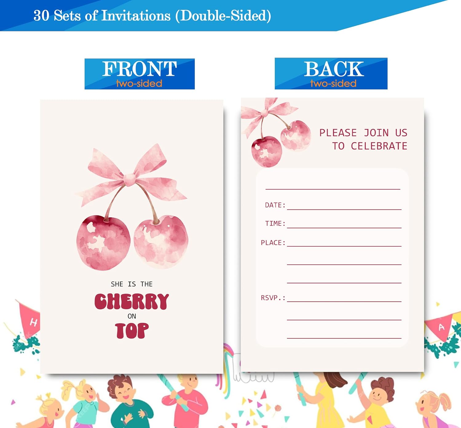Pink Bow Cherry Birthday Invitations for Girls 4x6 30 Sets