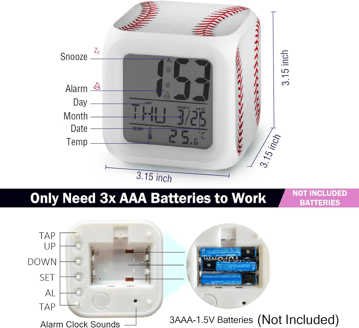 Baseball Alarm Clock with Color Changing Nightlight