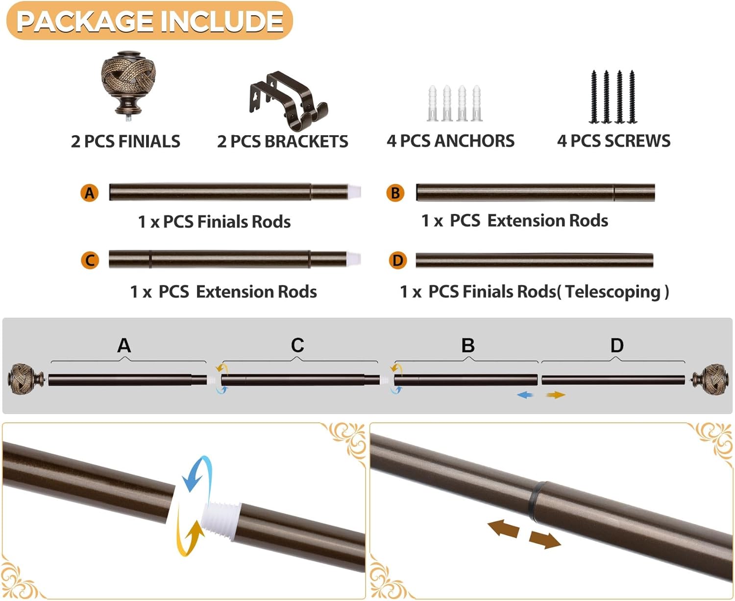 USFOOK Bronze Curtain Rods 32-58 Inches Splicing Design