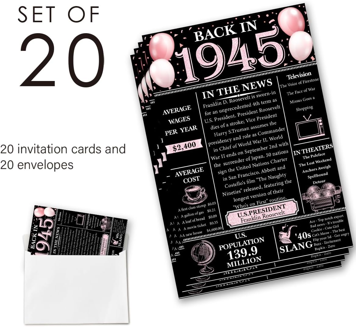 80th Birthday Invitations Set with Envelopes - Pink Design 1945 Theme