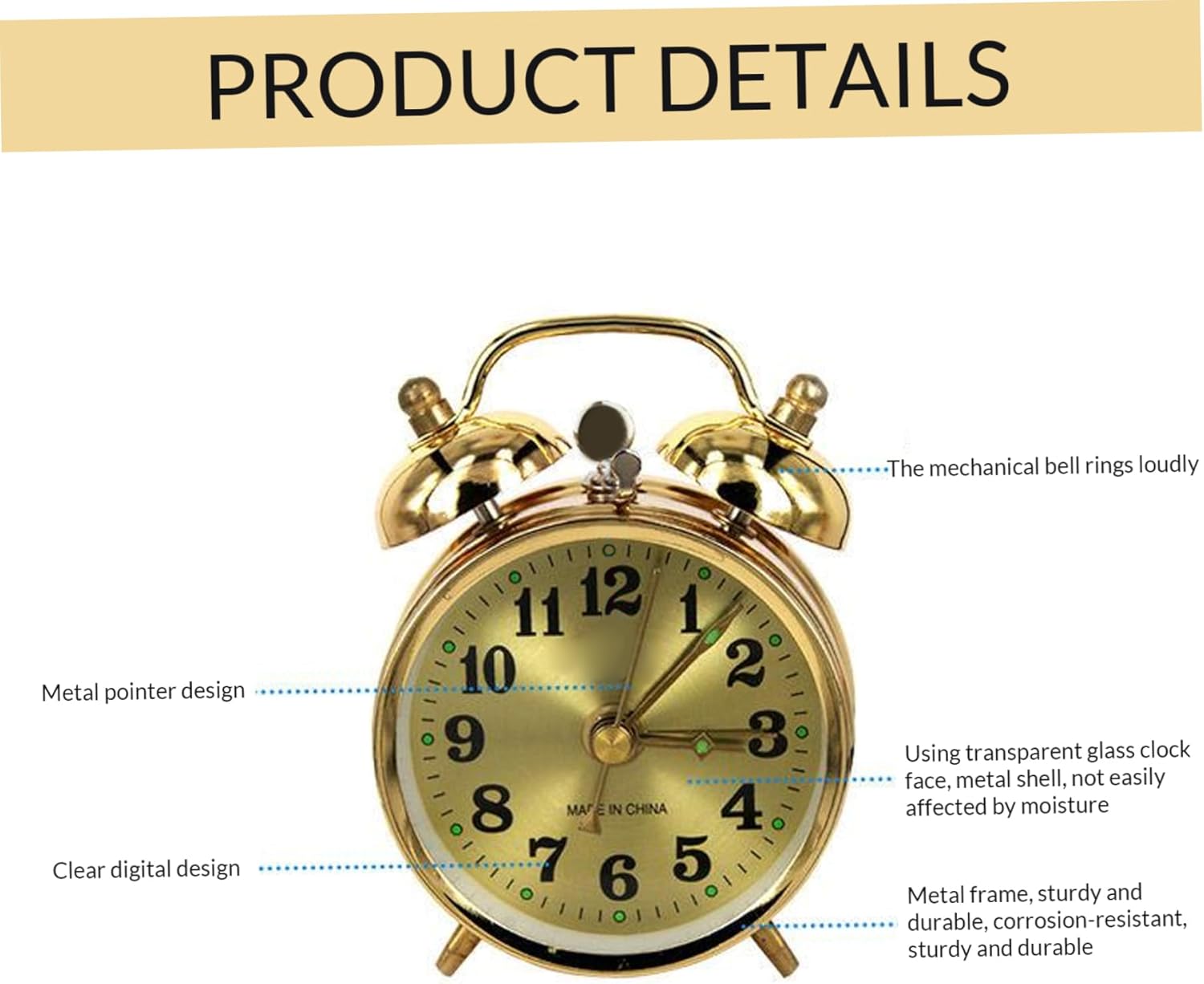 Wind Up Alarm Clock Gold Metal Twin Bell Design
