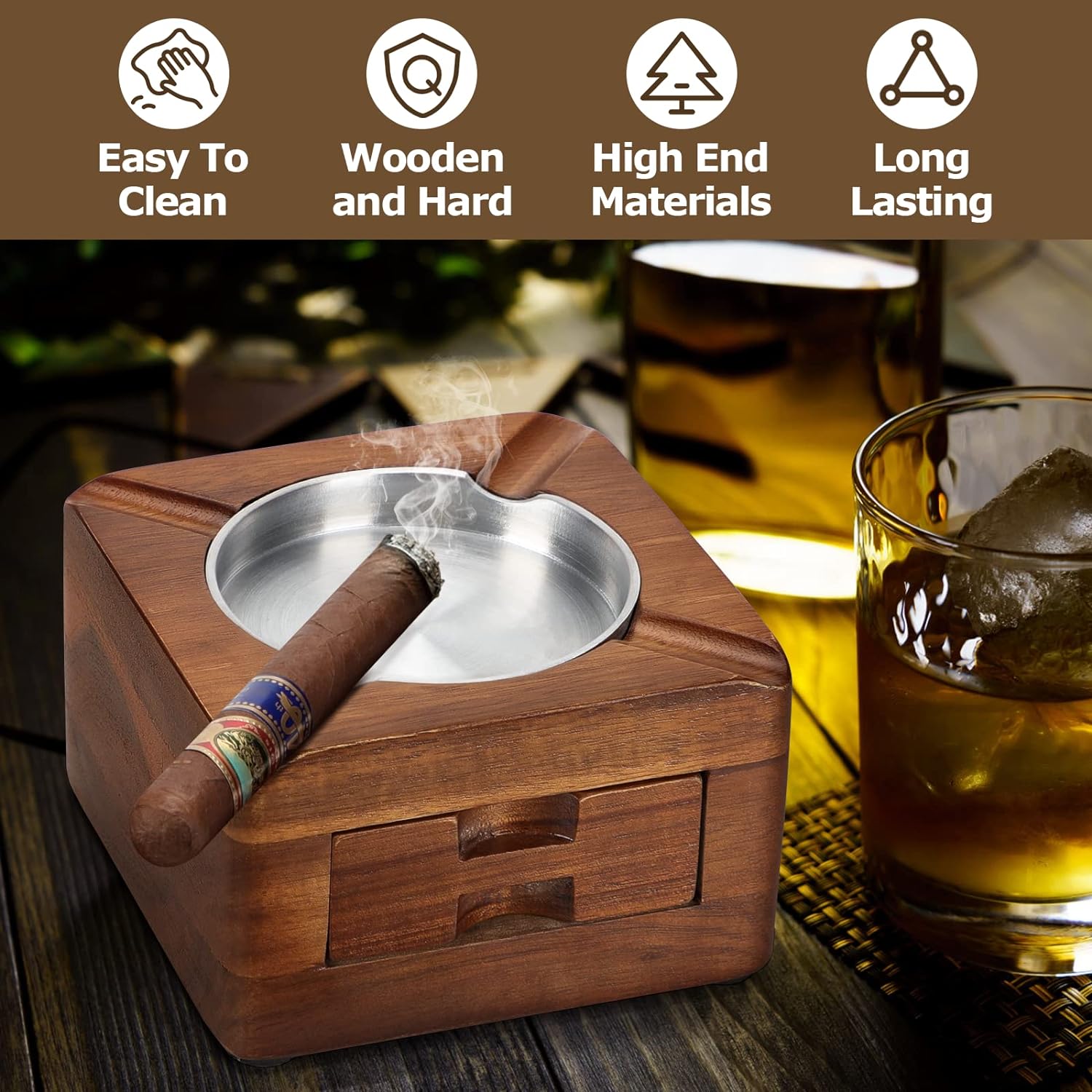 Tesonway Wooden Cigar Ashtray with 4 Slots and Drawer