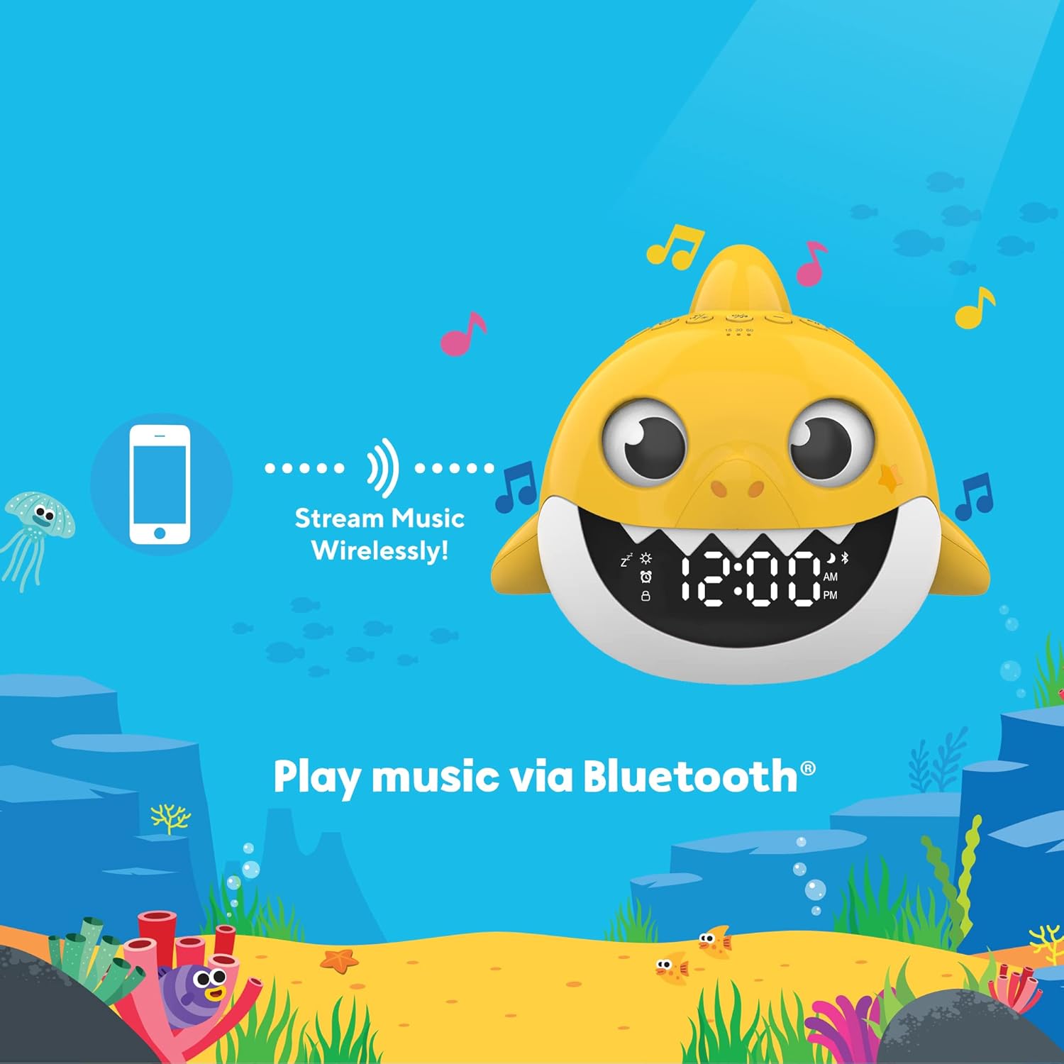 Core Innovations Baby Shark Alarm Clock and Bluetooth Speaker Yellow