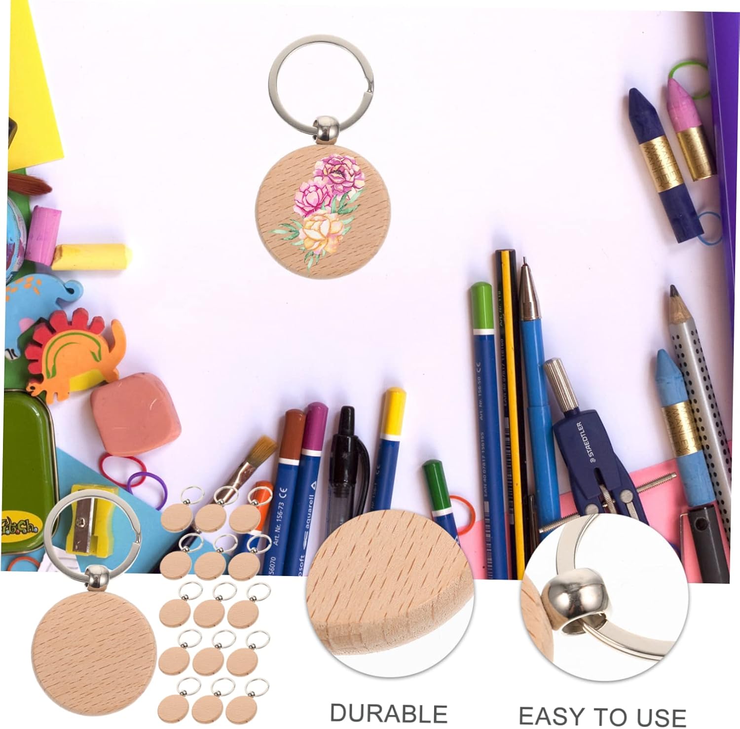 Housoutil 30pcs DIY Wood Keychain Blanks for Personalization Projects