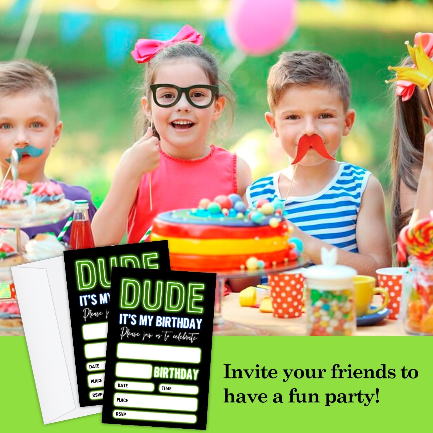 20 Neon Glow Birthday Invites with Envelopes for Boys