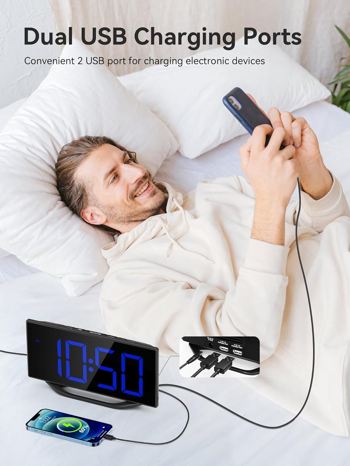 Digital Alarm Clock with Large Numbers and USB Charging