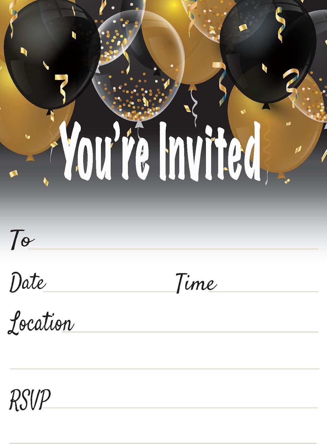 QualityVibe Black Gold Balloons Invitations Set of 25