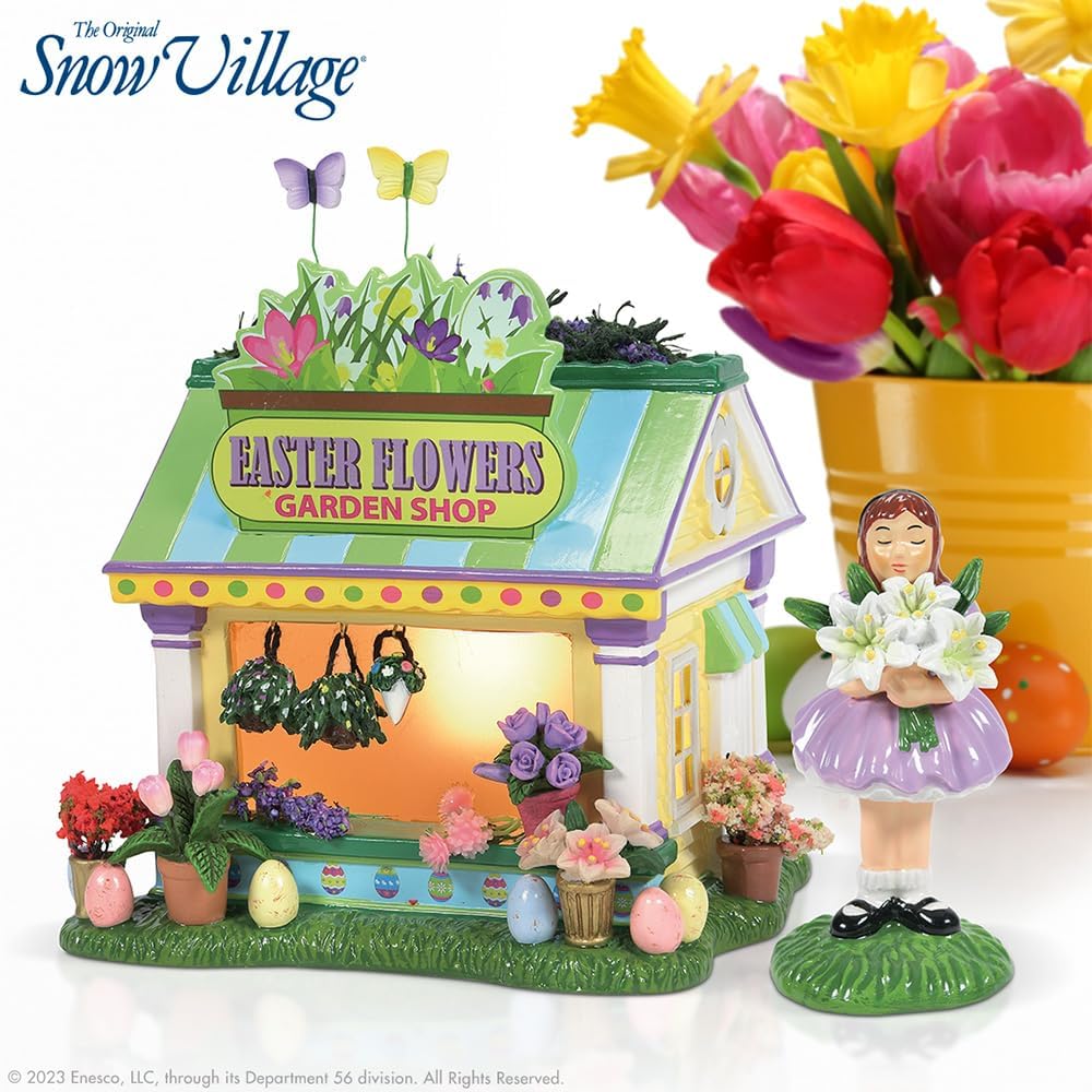 Department 56 Snow Village Easter Garden Shop and Girl Figurine Set