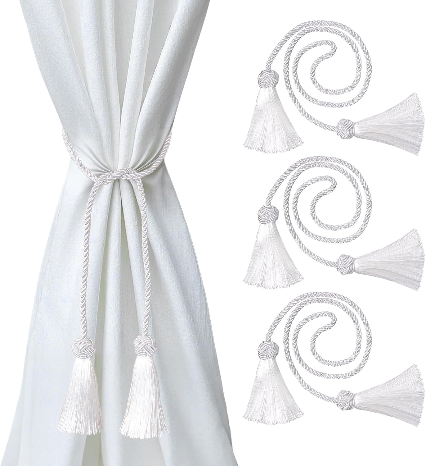 4 Pack White Curtain Tiebacks with Tassels