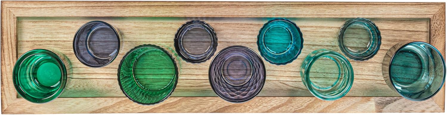 Creative Co Op Wood Tray with 9 Blue and Green Glass Votive Holders
