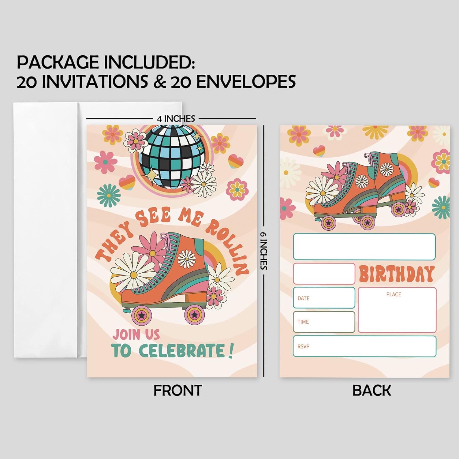AEHIE 20 Set Roller Skating Birthday Invitations With Envelopes