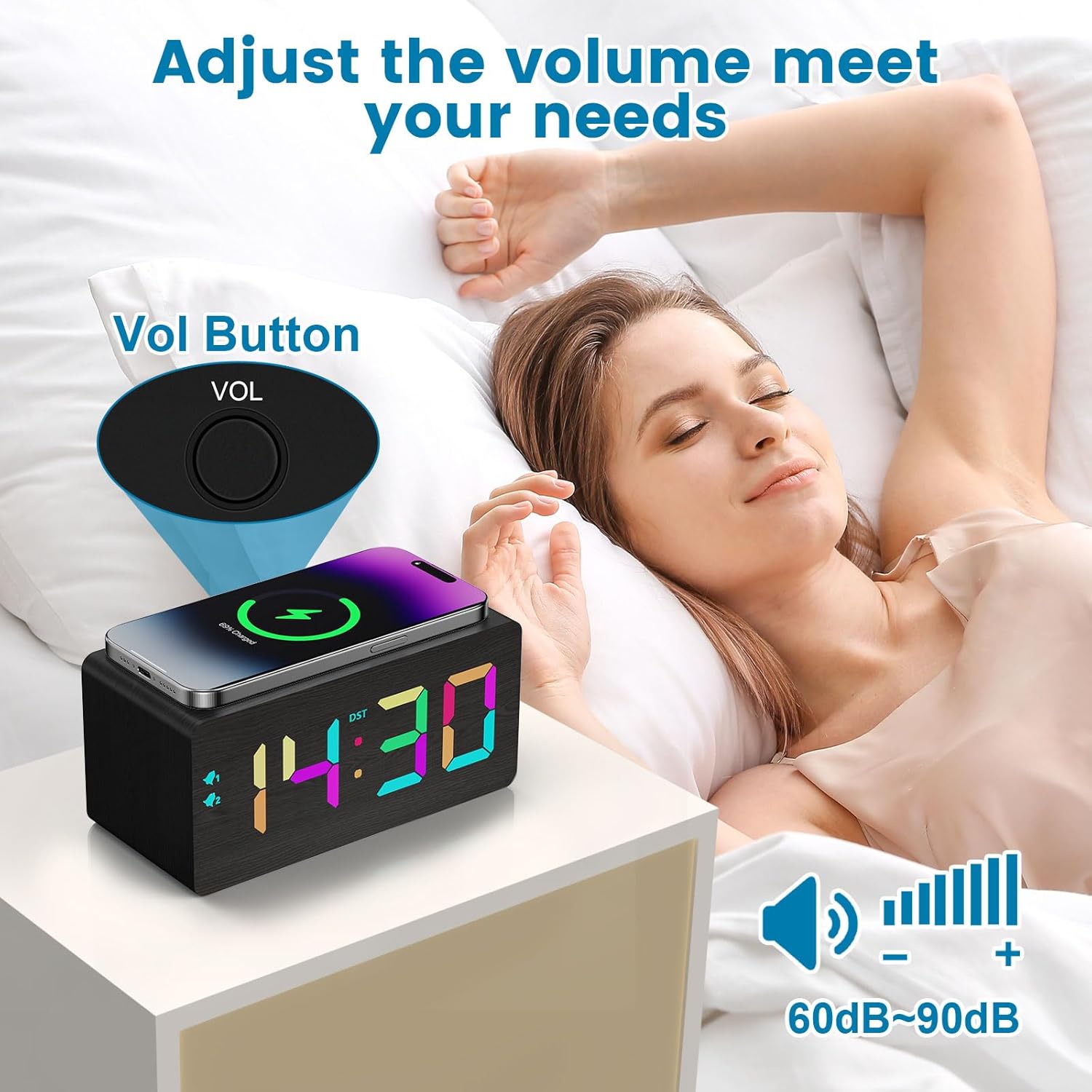 Wooden Digital Alarm Clock with RGB Display and Dual USB Charging Ports
