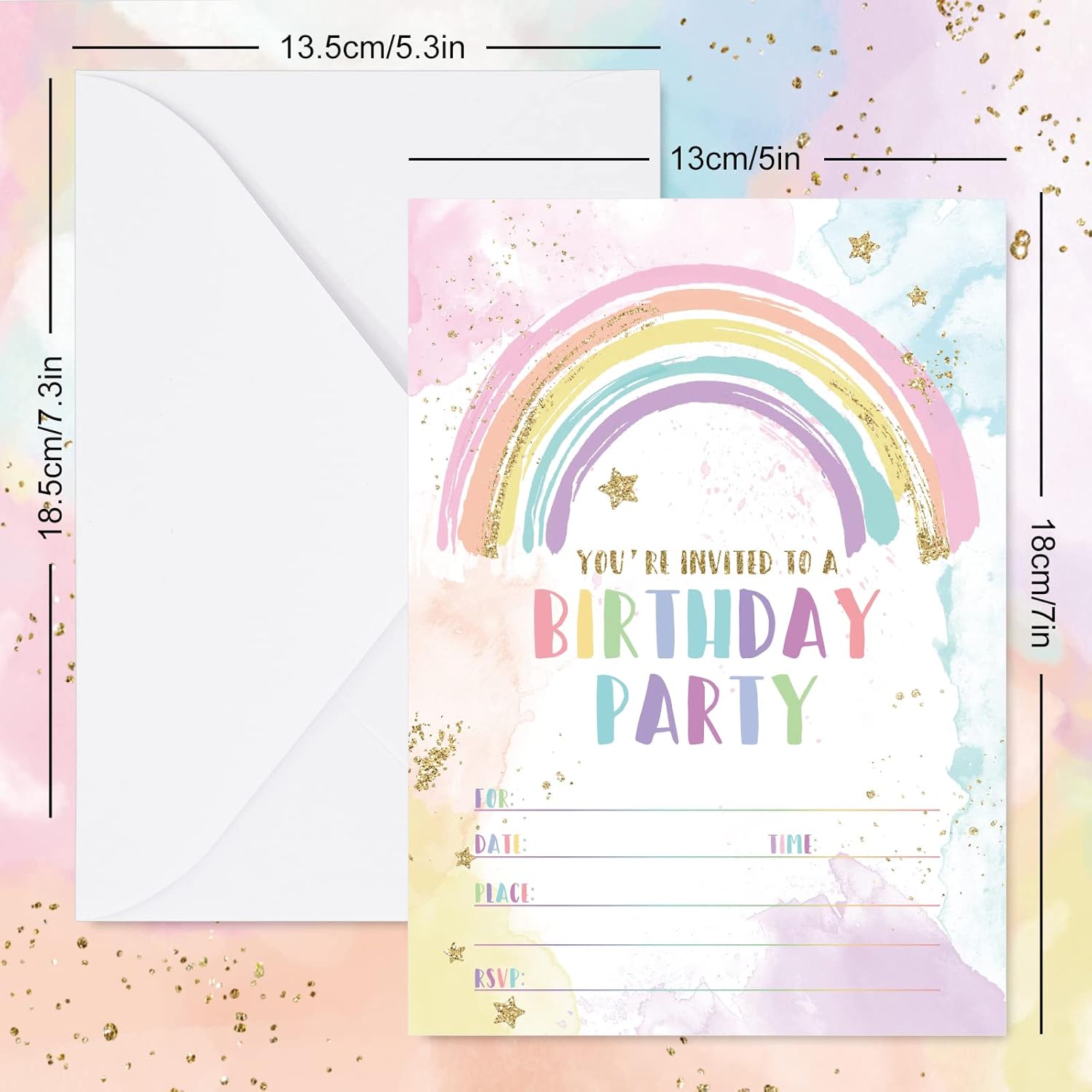 Rainbow Birthday Invitations with Envelopes Set of 20