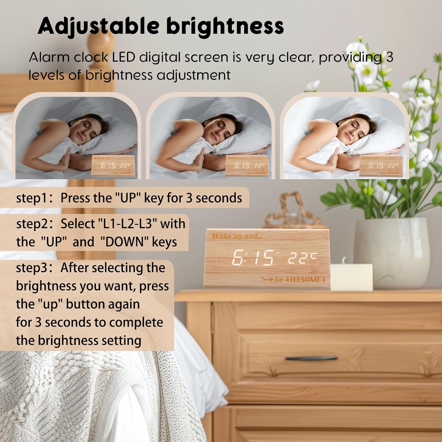 Wooden Digital Alarm Clock with LED Display and Temperature Sensor
