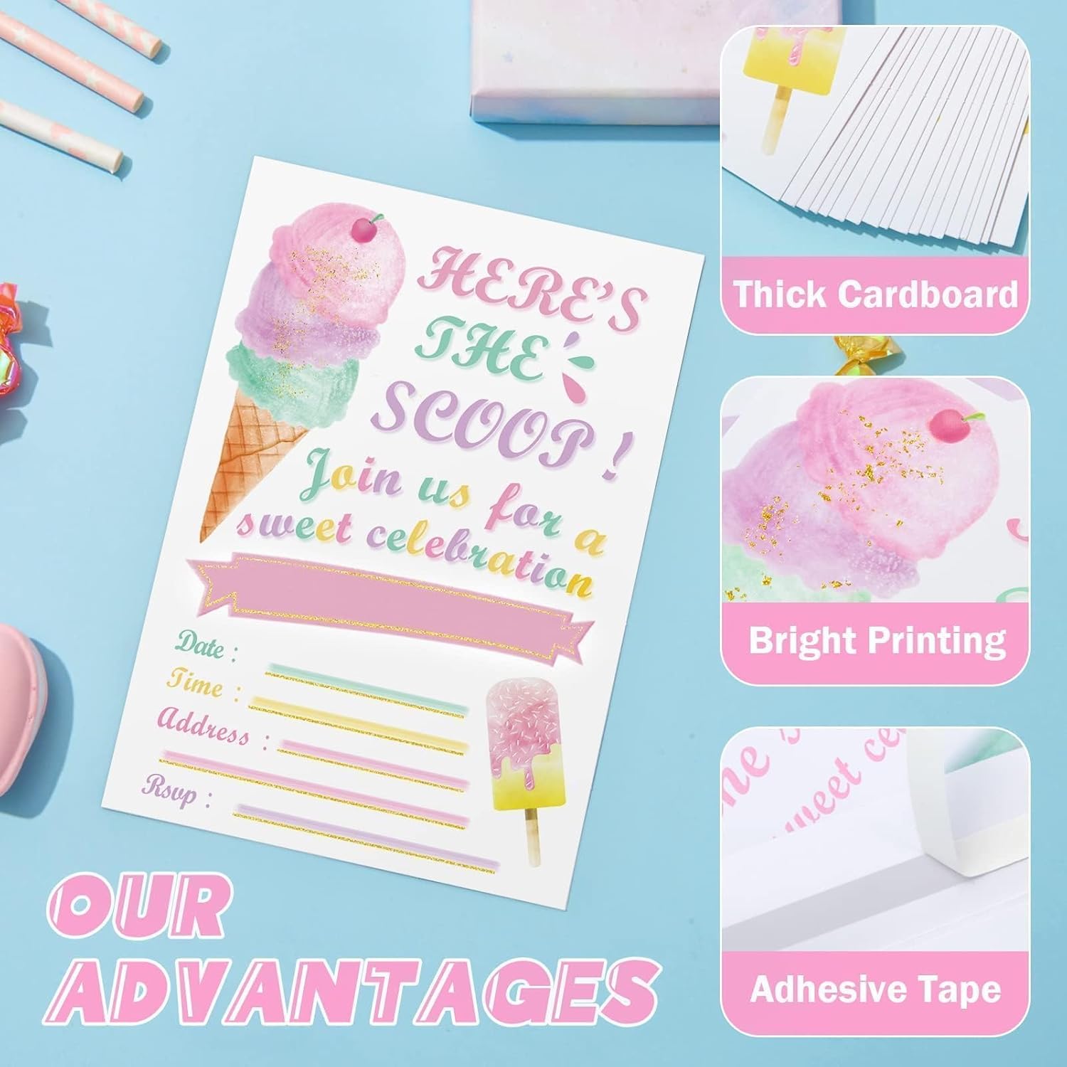 WERNNSAI Ice Cream Party Invitations with Envelopes - 20 Sets